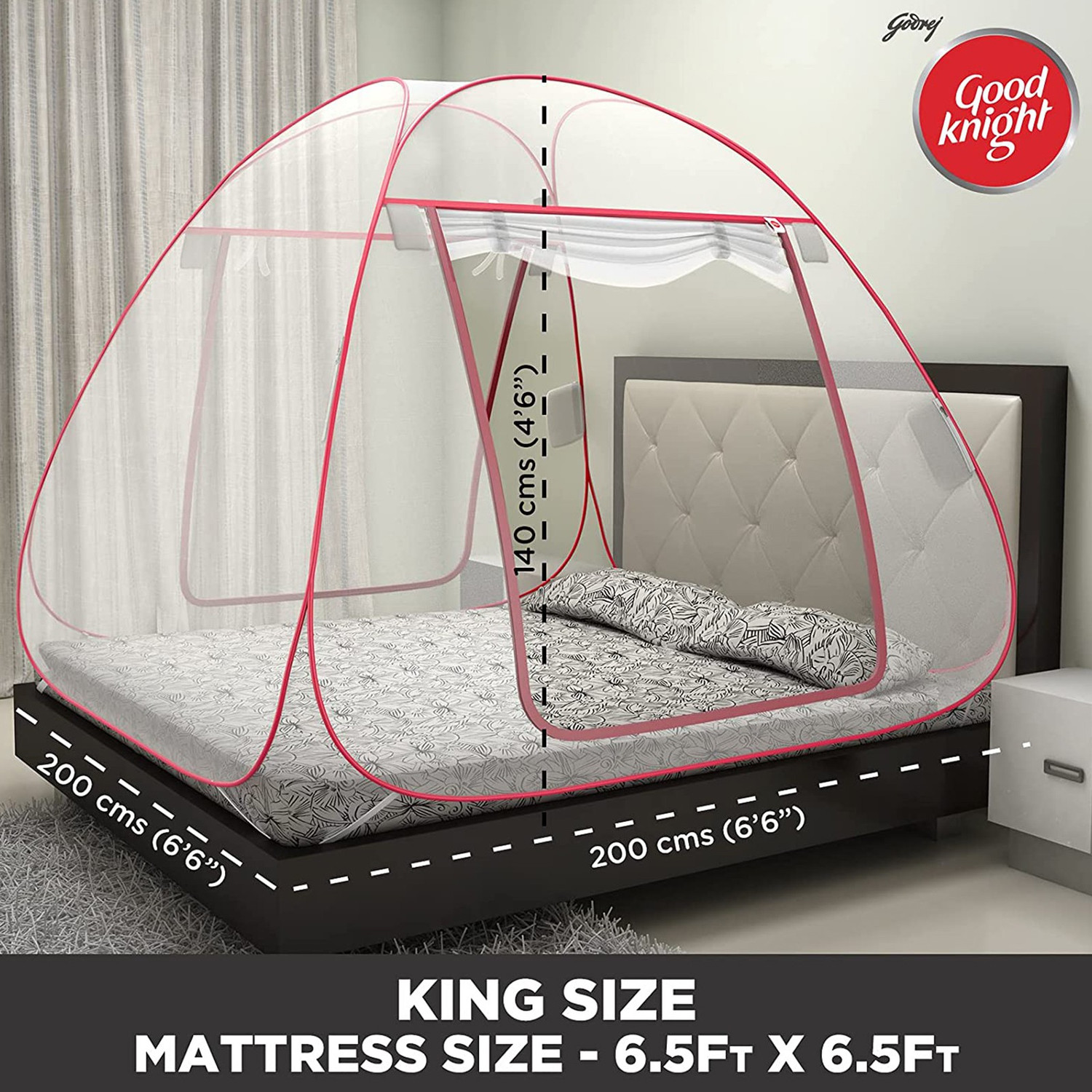 Image of Good Knight Anti Mosquito Bed Nets - King Size Red Colour Polyester Washable Adults Mosquito Net
