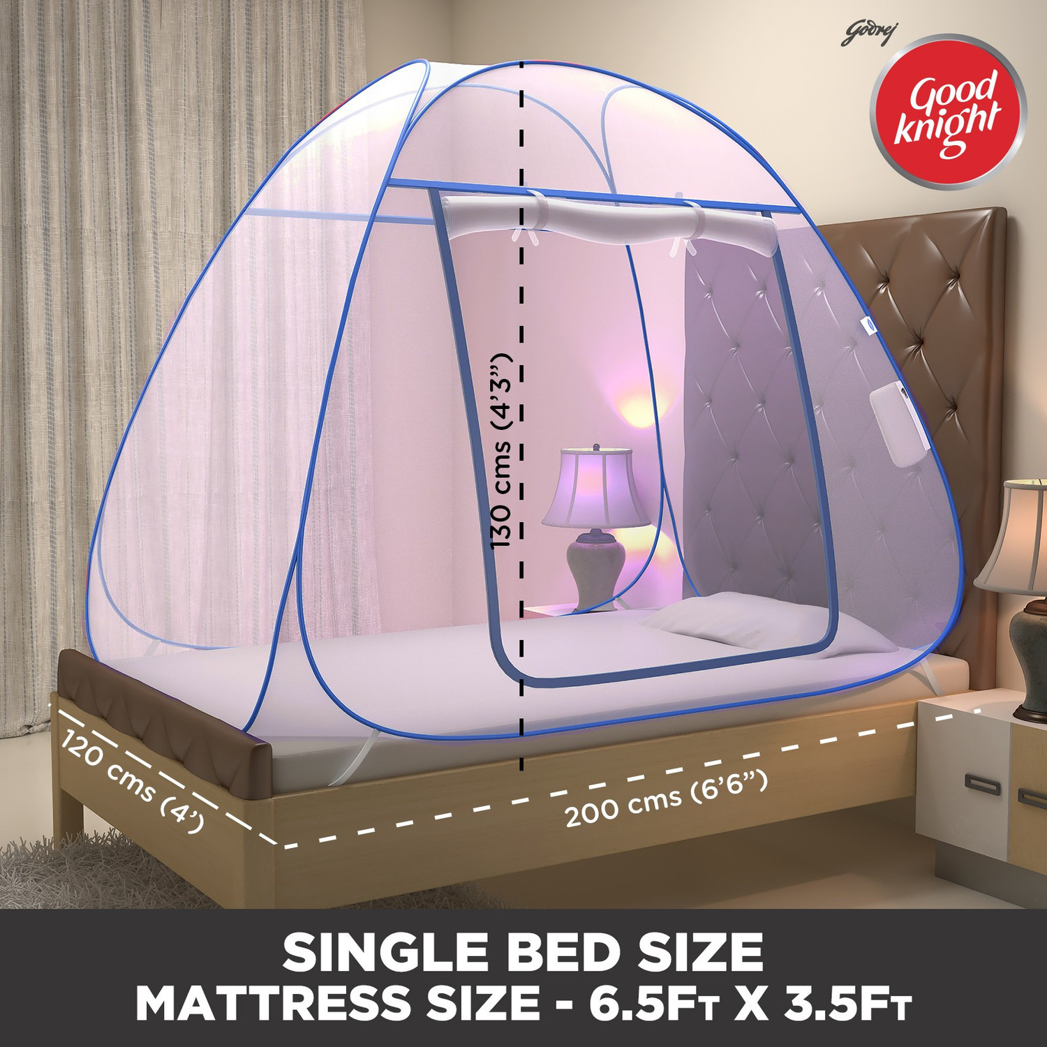 Image of Good Knight Anti Mosquito Bed Nets - Single Cot Size Blue Colour Polyester Washable Adults Mosquito Net