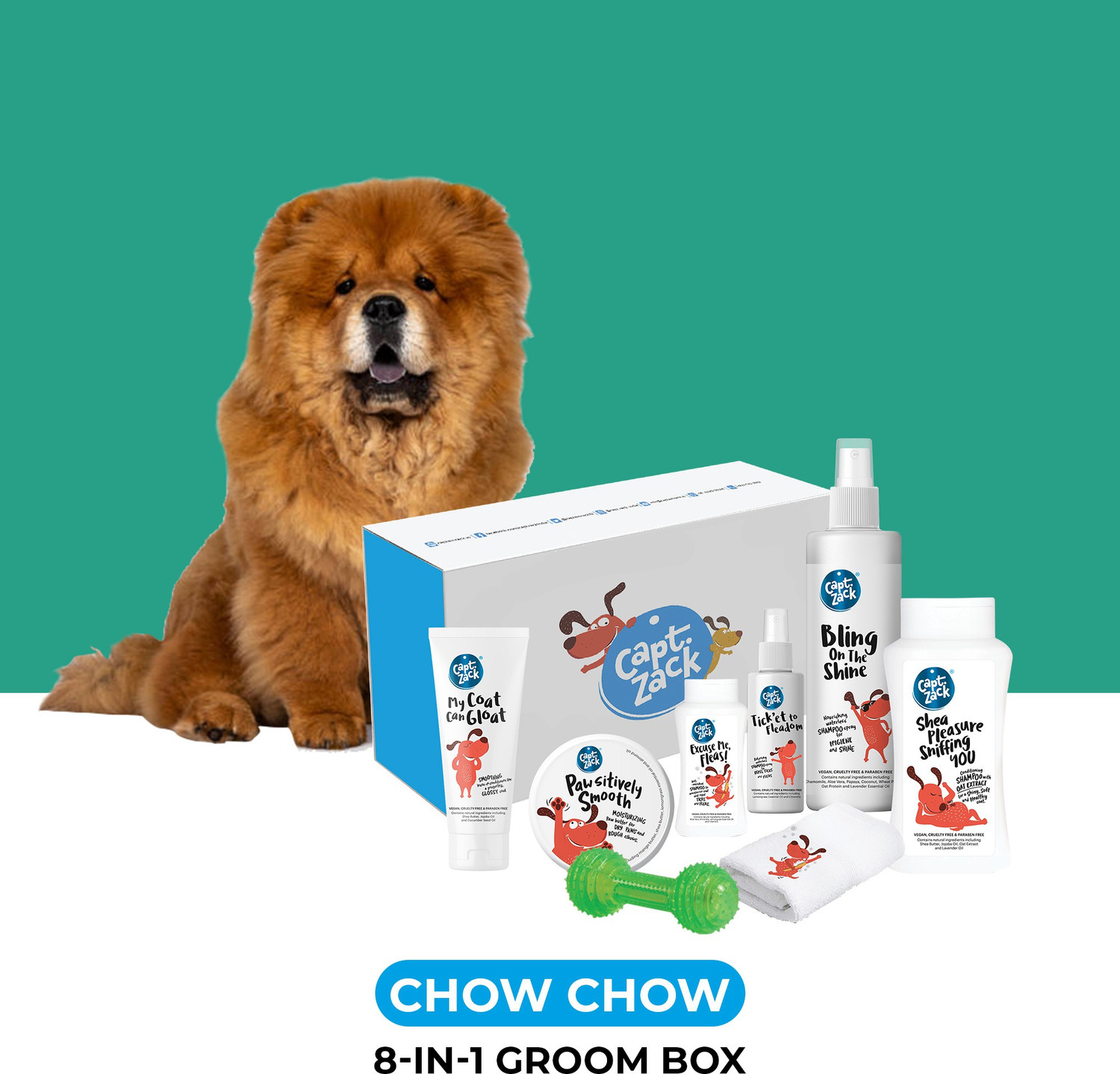 Image of Captain Zack The Chow Chow Groom Box Ultimate 8-in-1, Head-to-Paw Groom-Kit for Your Puppy- (Shampoo +Conditioner +Dry Shampoo +Paw Butter +Toy +Towel)- pH Neutral and Paraben Free Pet Spa Kit
