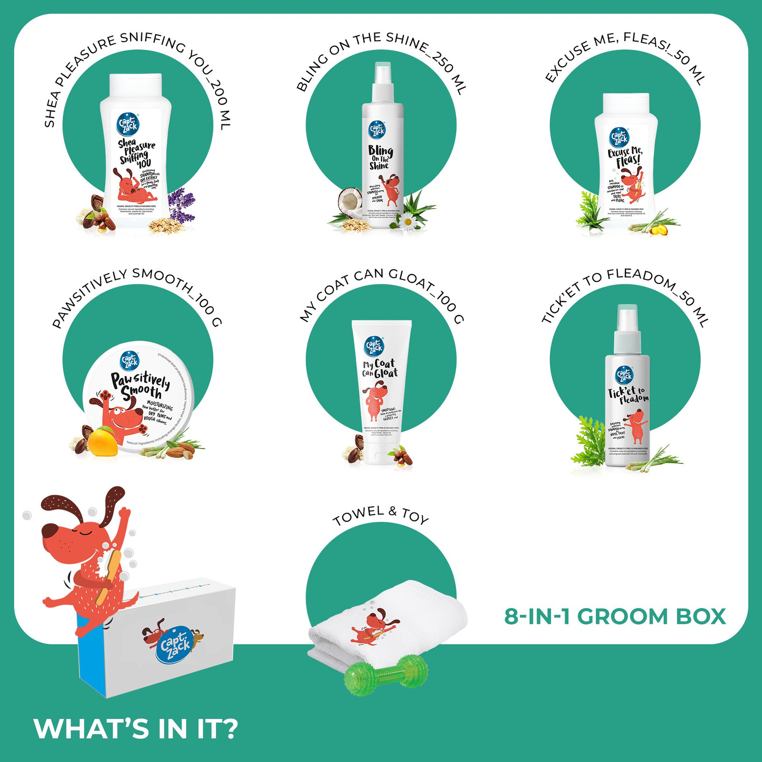 Image of Captain Zack The Chow Chow Groom Box Ultimate 8-in-1, Head-to-Paw Groom-Kit for Your Puppy- (Shampoo +Conditioner +Dry Shampoo +Paw Butter +Toy +Towel)- pH Neutral and Paraben Free Pet Spa Kit
