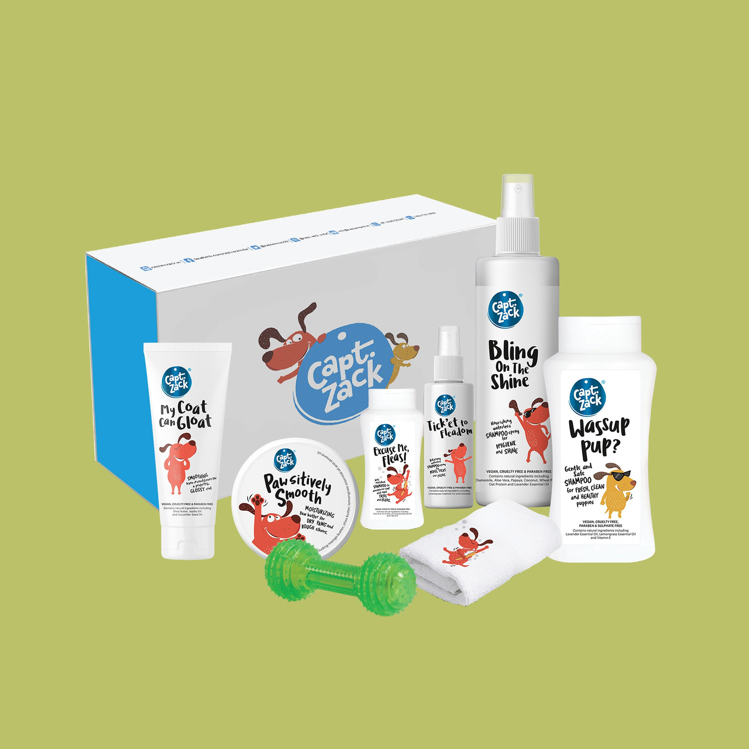 Image of Captain Zack The Dachshund Groom Box - Ultimate 8-in-1, Head-to-Paw Groom-Kit for Your Dog- (Shampoo +Conditioner +Dry Shampoo +Paw Butter +Toy +Towel)- pH Neutral and Paraben Free Pet Spa Kit