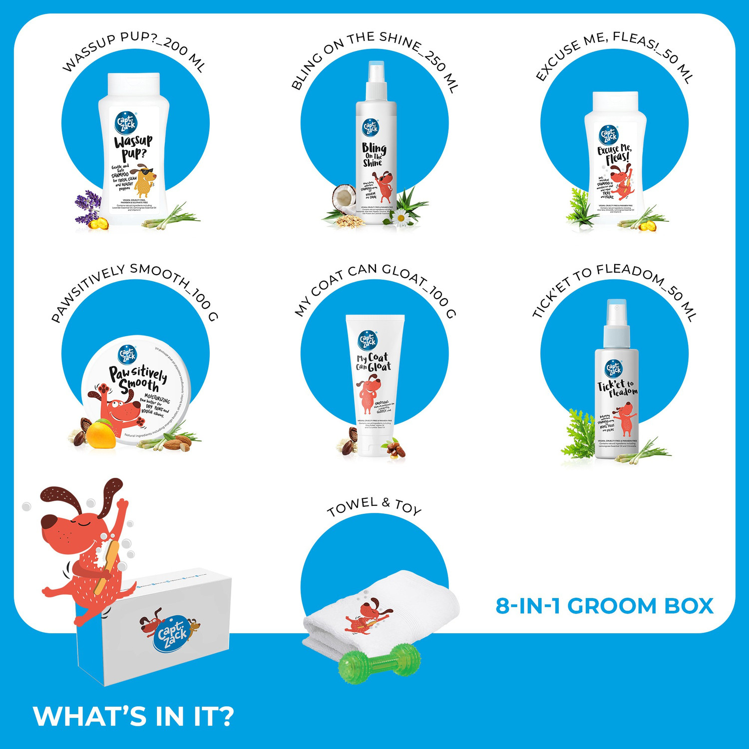 Image of Captain Zack The French Bull Dog Groom Box - Ultimate 8-in-1, Head-to-Paw Groom-Kit for Your Dog- (Shampoo +Conditioner +Dry Shampoo +Paw Butter +Toy +Towel)- pH Neutral and Paraben Free Pet Spa Kit