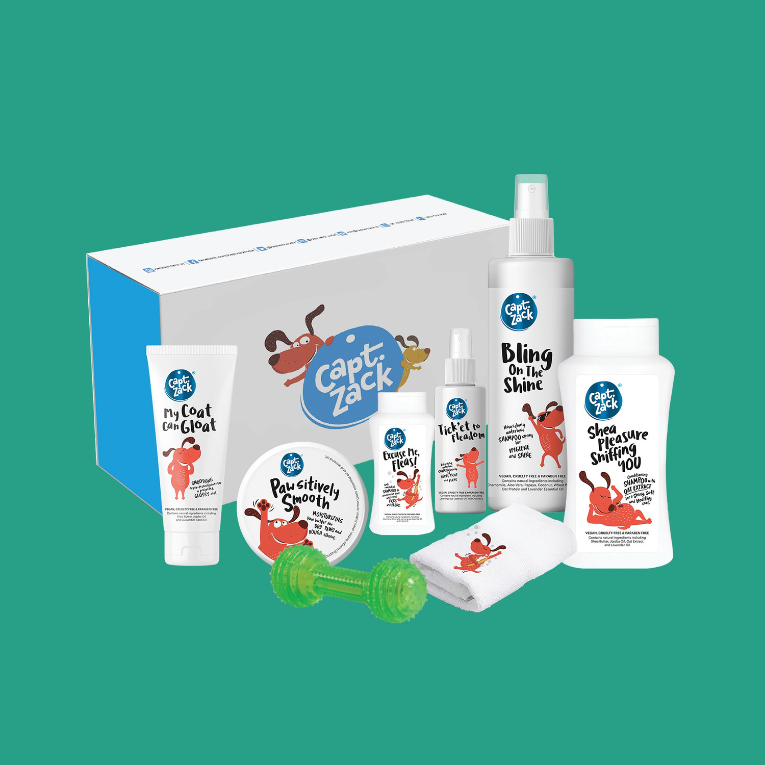 Image of Captain Zack The Chow Chow Groom Box Ultimate 8-in-1, Head-to-Paw Groom-Kit for Your Puppy- (Shampoo +Conditioner +Dry Shampoo +Paw Butter +Toy +Towel)- pH Neutral and Paraben Free Pet Spa Kit
