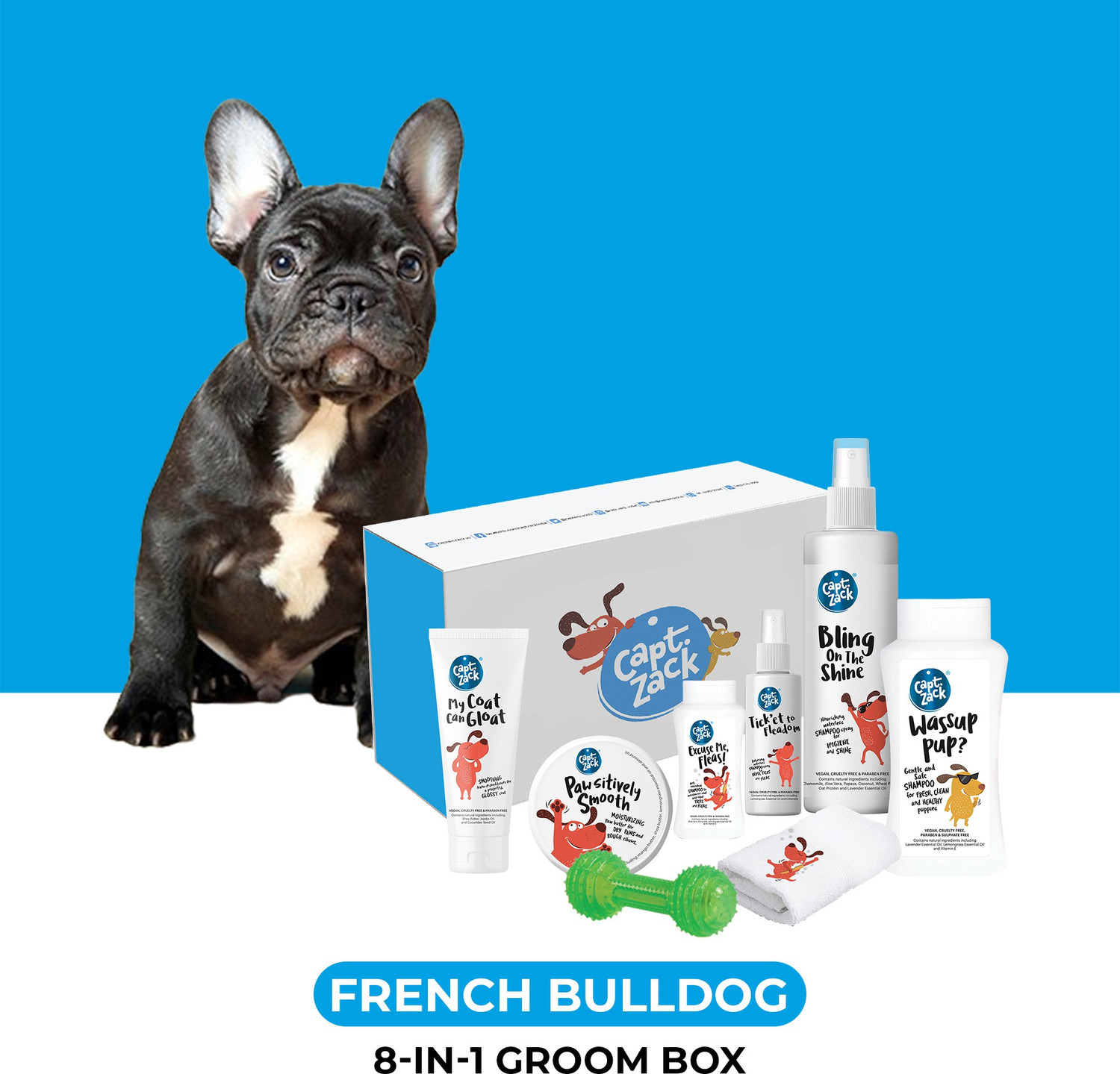 Image of Captain Zack The French Bull Dog Groom Box - Ultimate 8-in-1, Head-to-Paw Groom-Kit for Your Dog- (Shampoo +Conditioner +Dry Shampoo +Paw Butter +Toy +Towel)- pH Neutral and Paraben Free Pet Spa Kit