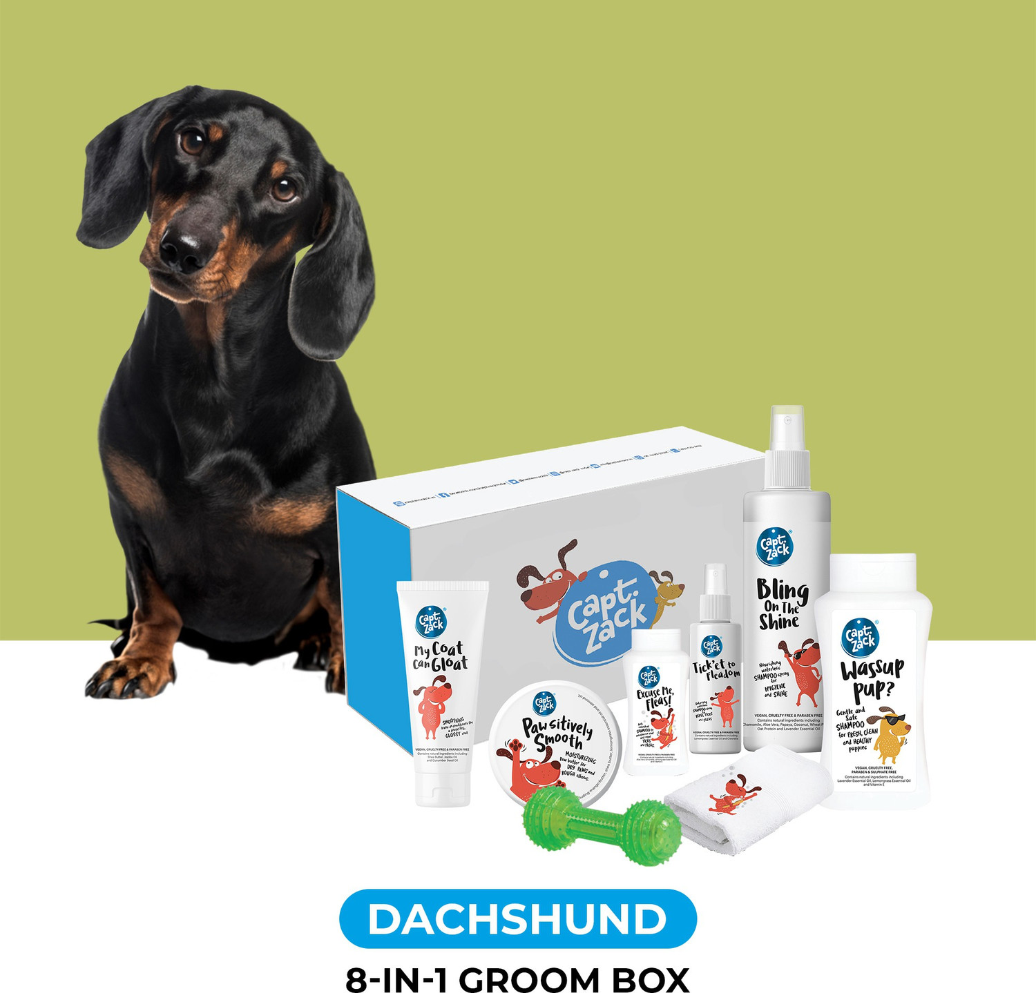 Image of Captain Zack The Dachshund Groom Box - Ultimate 8-in-1, Head-to-Paw Groom-Kit for Your Dog- (Shampoo +Conditioner +Dry Shampoo +Paw Butter +Toy +Towel)- pH Neutral and Paraben Free Pet Spa Kit