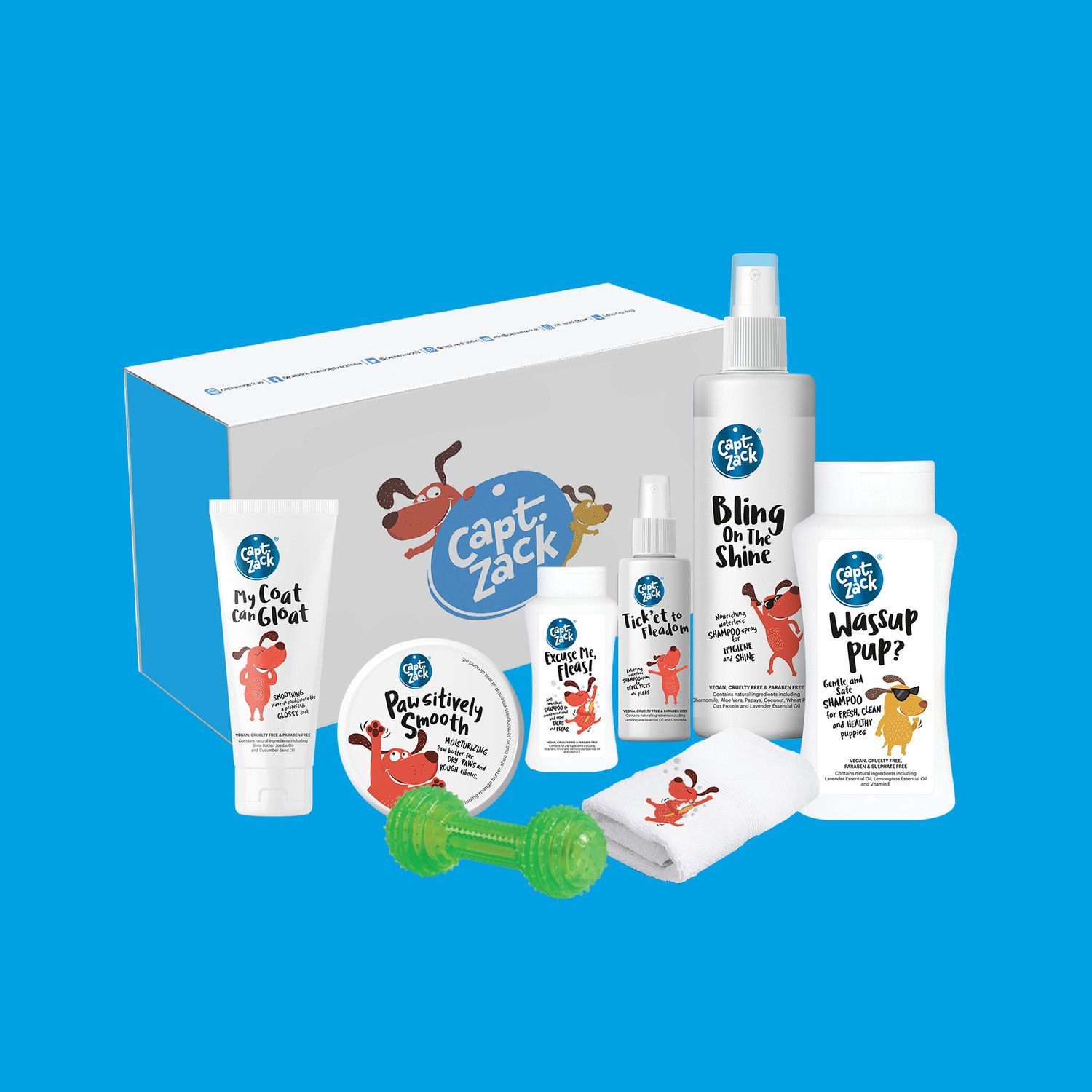 Image of Captain Zack The French Bull Dog Groom Box - Ultimate 8-in-1, Head-to-Paw Groom-Kit for Your Dog- (Shampoo +Conditioner +Dry Shampoo +Paw Butter +Toy +Towel)- pH Neutral and Paraben Free Pet Spa Kit