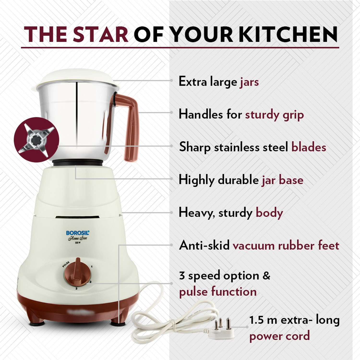 Image of BOROSIL W22 500 W Mixer Grinder