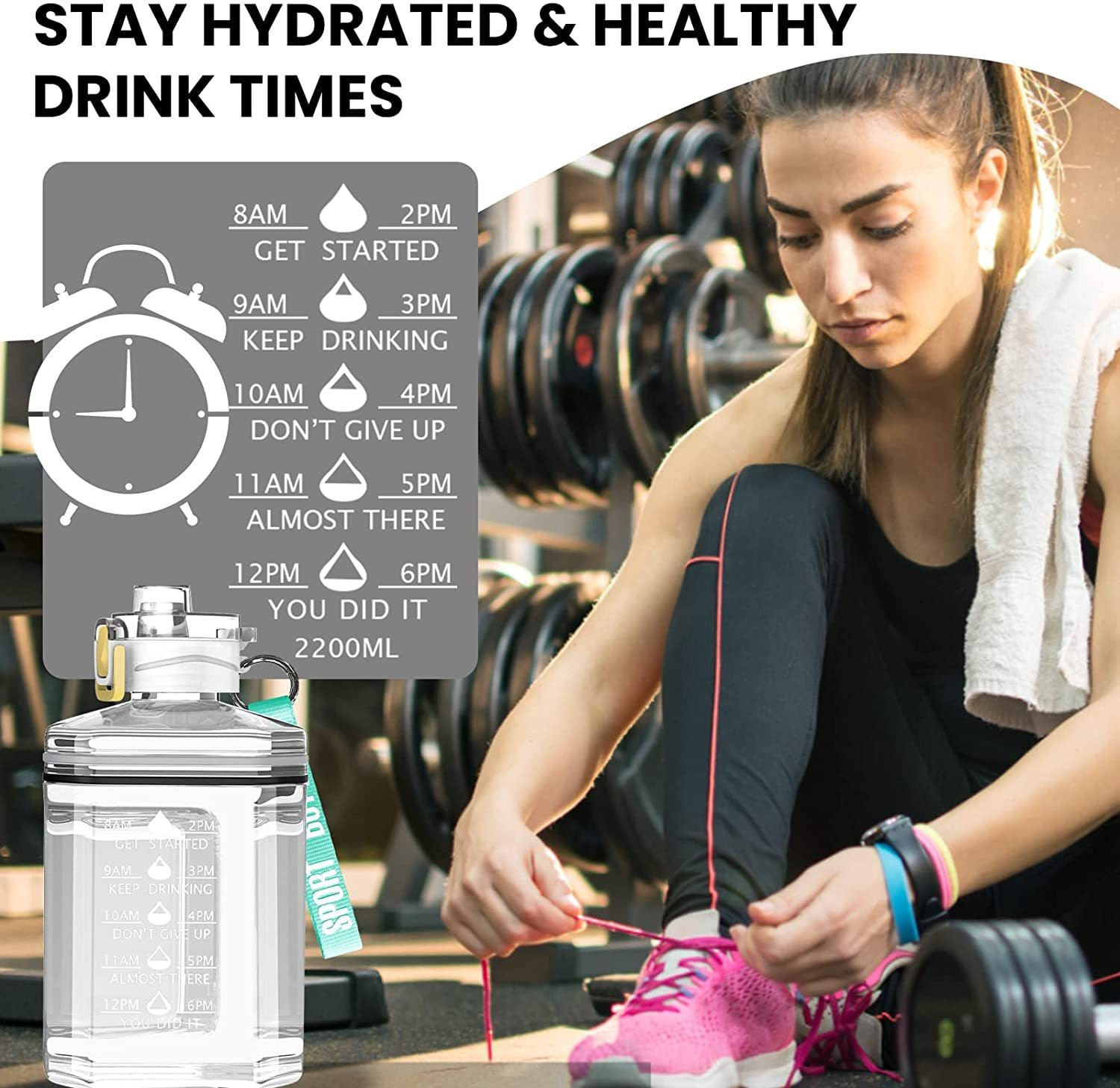 Image of RIANZ Motivational Sports 2.2L White Transparent Gallon Water Bottle 2200 ml PET Bottle
