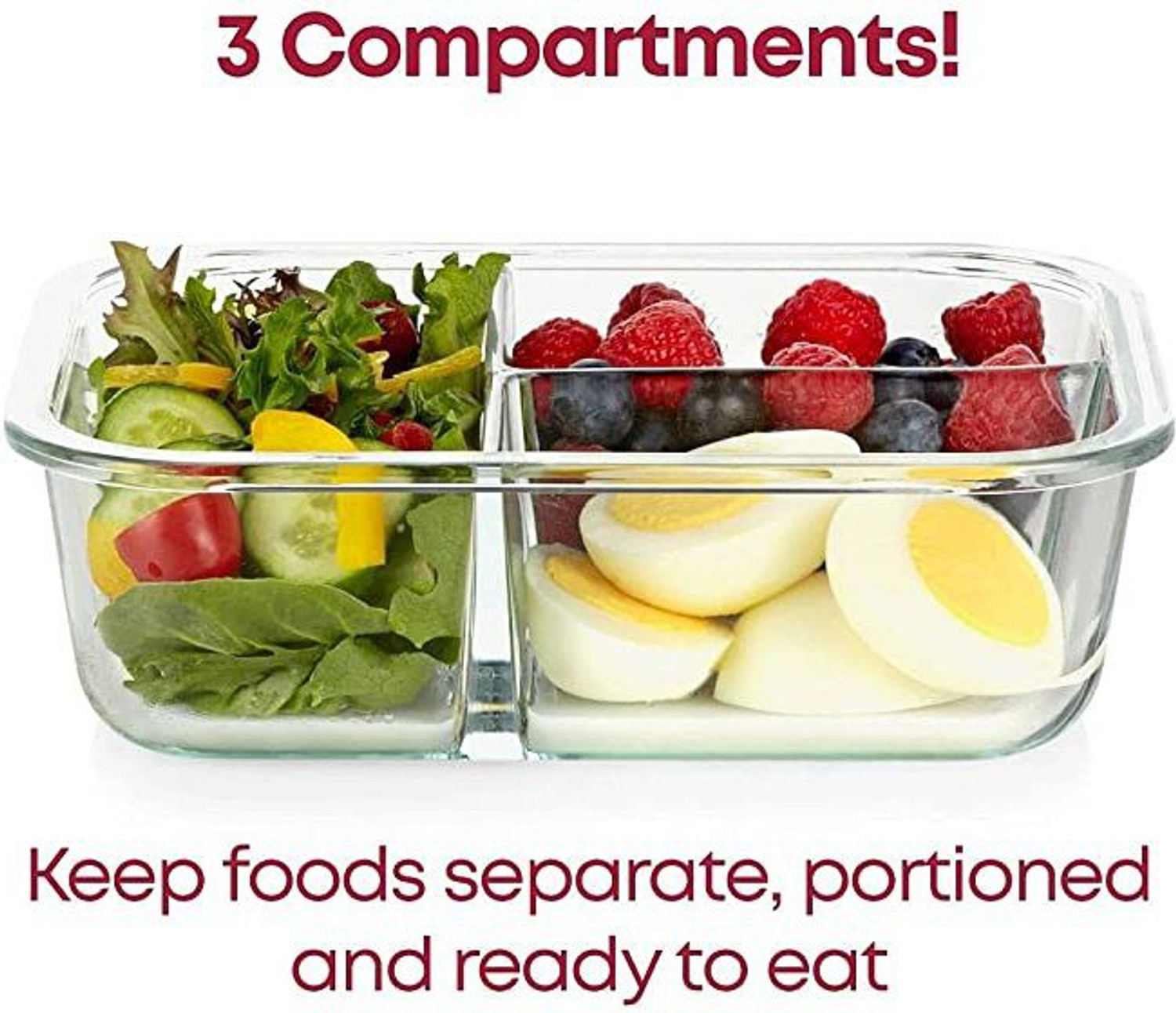 Image of Tap2kaart 3-Compartment Glass Lunch Box With Leak Proof Airtight Lid (Transparent,1PCS) 1 Containers Glass Office Lunch Box