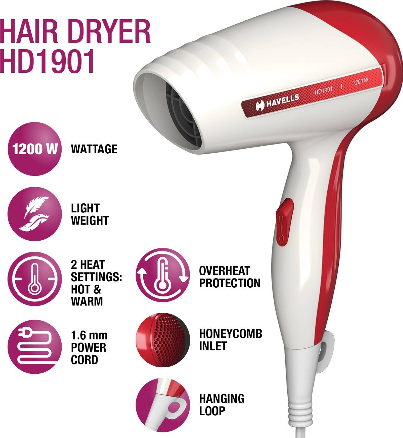 HAVELLS HD1901 Hair Dryer White - Image 4