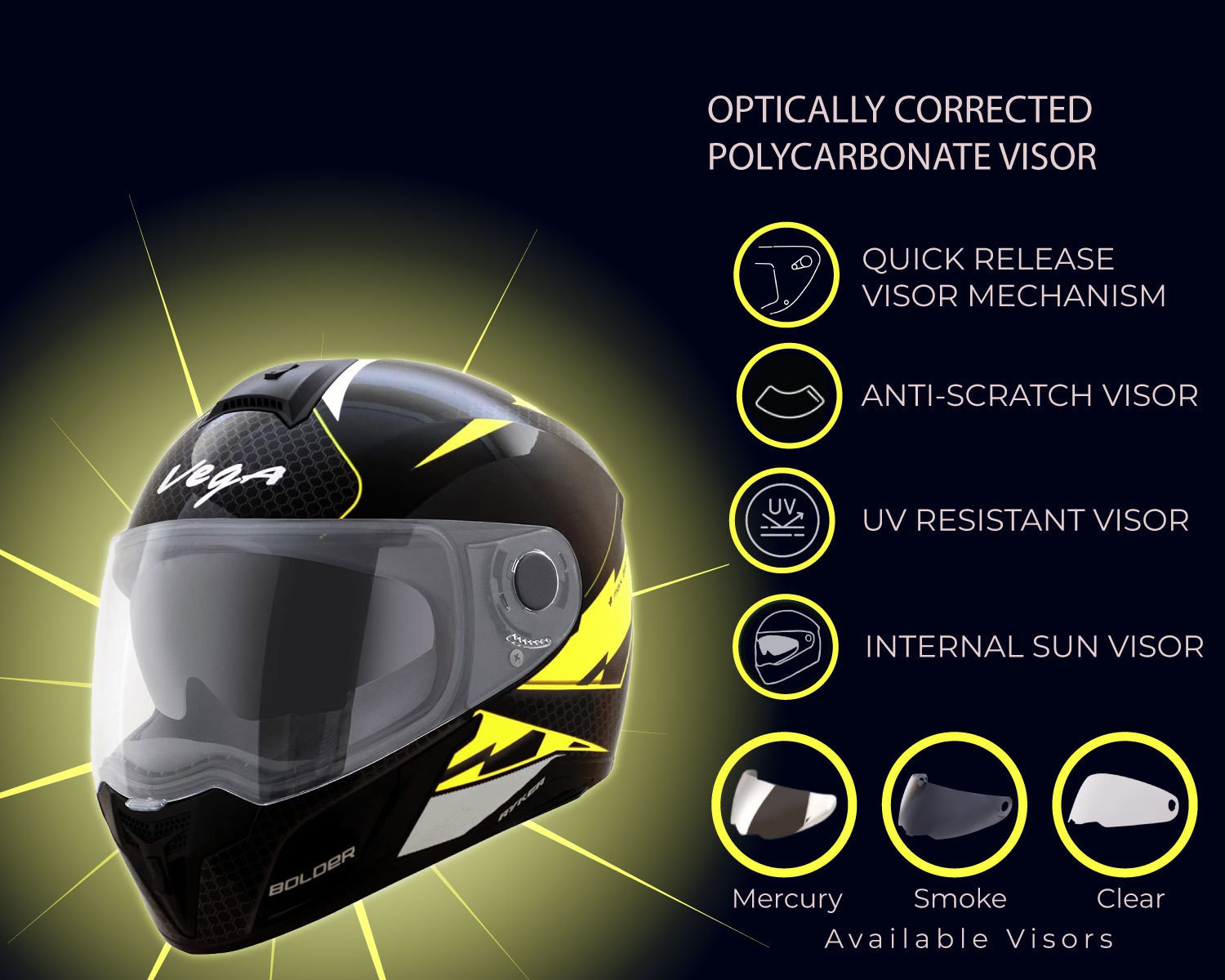 Image of VEGA Ryker D /V Bolder Motorbike Helmet (Black, Neon Yellow)