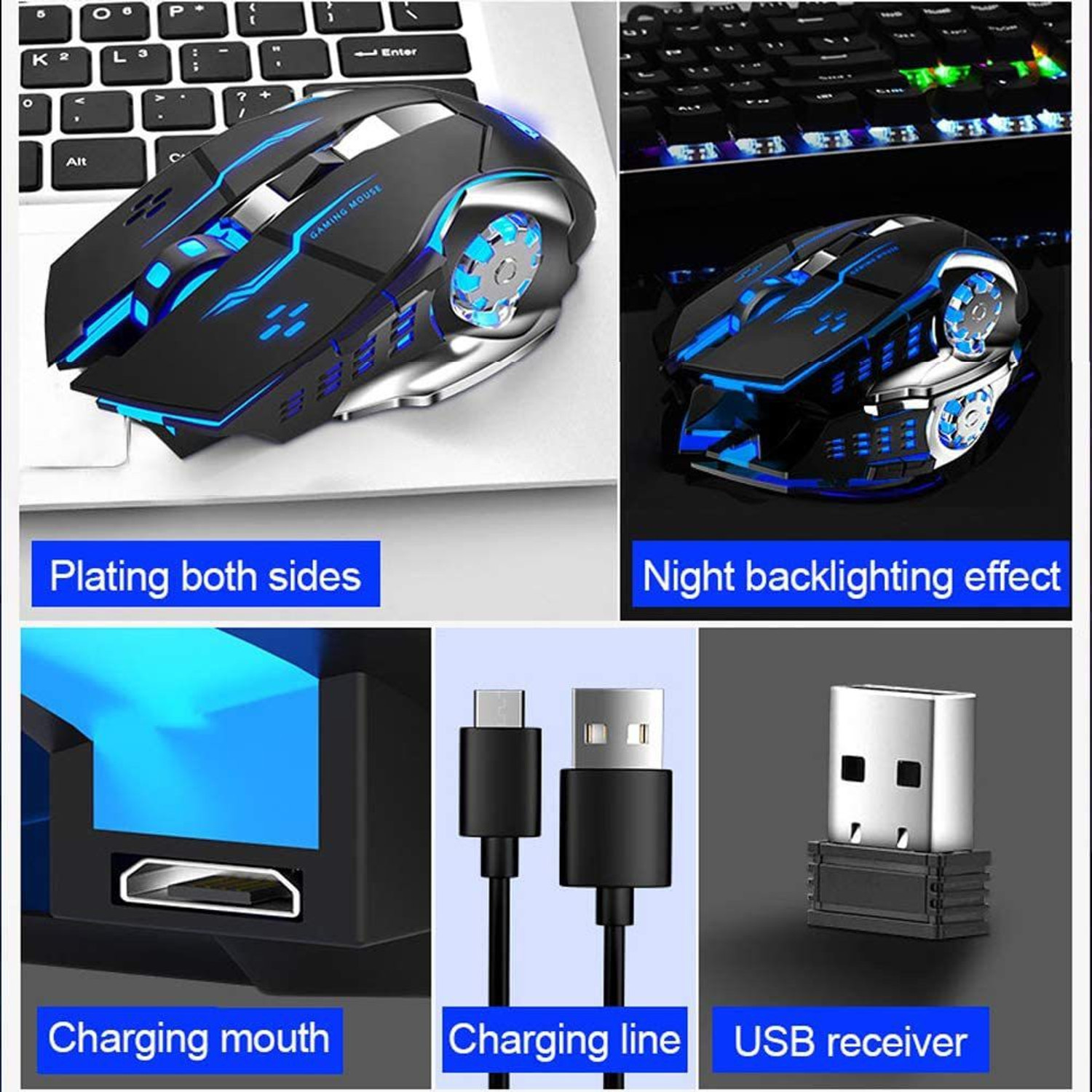 Image of coolcold Wireless Rechargeable Gaming Mouse With RGB, 2400 DPI LED Backlight 6 Button Ambidextrous Optical Gaming Mouse
