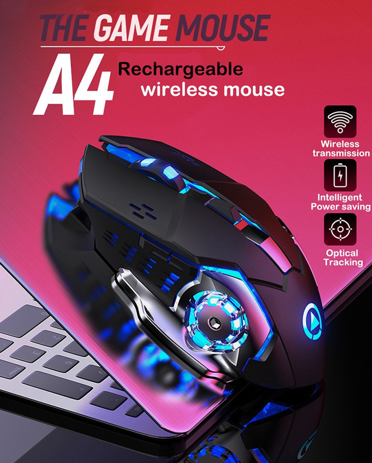 Image of coolcold Wireless Rechargeable Gaming Mouse With RGB, 2400 DPI LED Backlight 6 Button Ambidextrous Optical Gaming Mouse