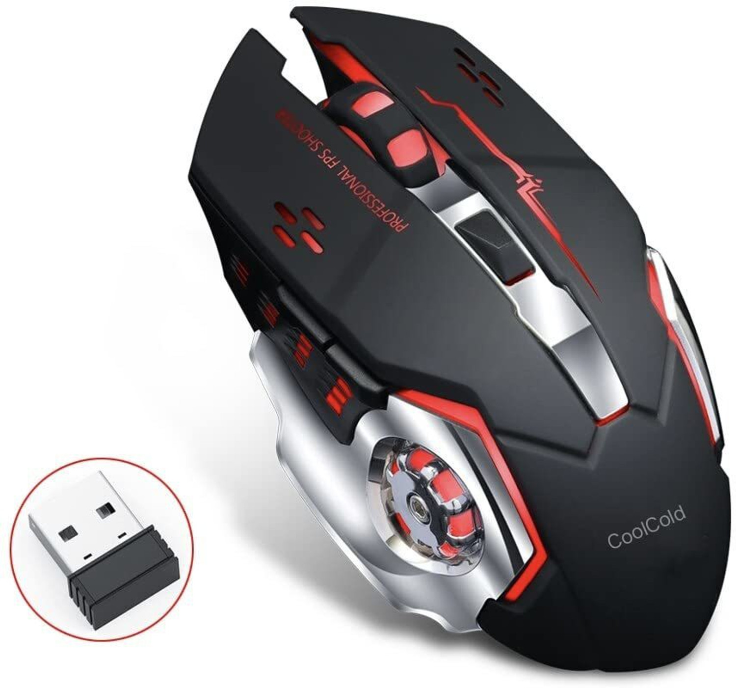 Image of coolcold Wireless Rechargeable Gaming Mouse With RGB, 2400 DPI LED Backlight 6 Button Ambidextrous Optical Gaming Mouse