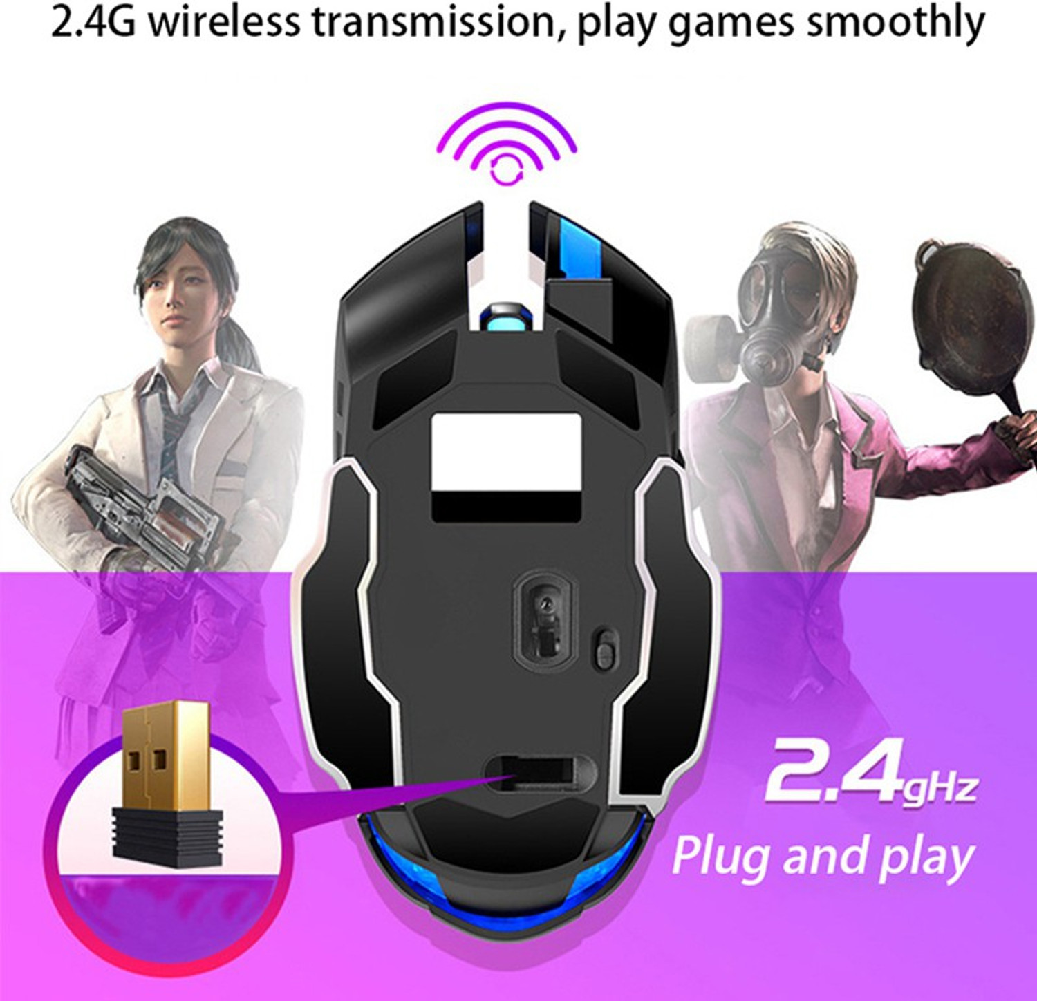 Image of coolcold Wireless Rechargeable Gaming Mouse With RGB, 2400 DPI LED Backlight 6 Button Ambidextrous Optical Gaming Mouse