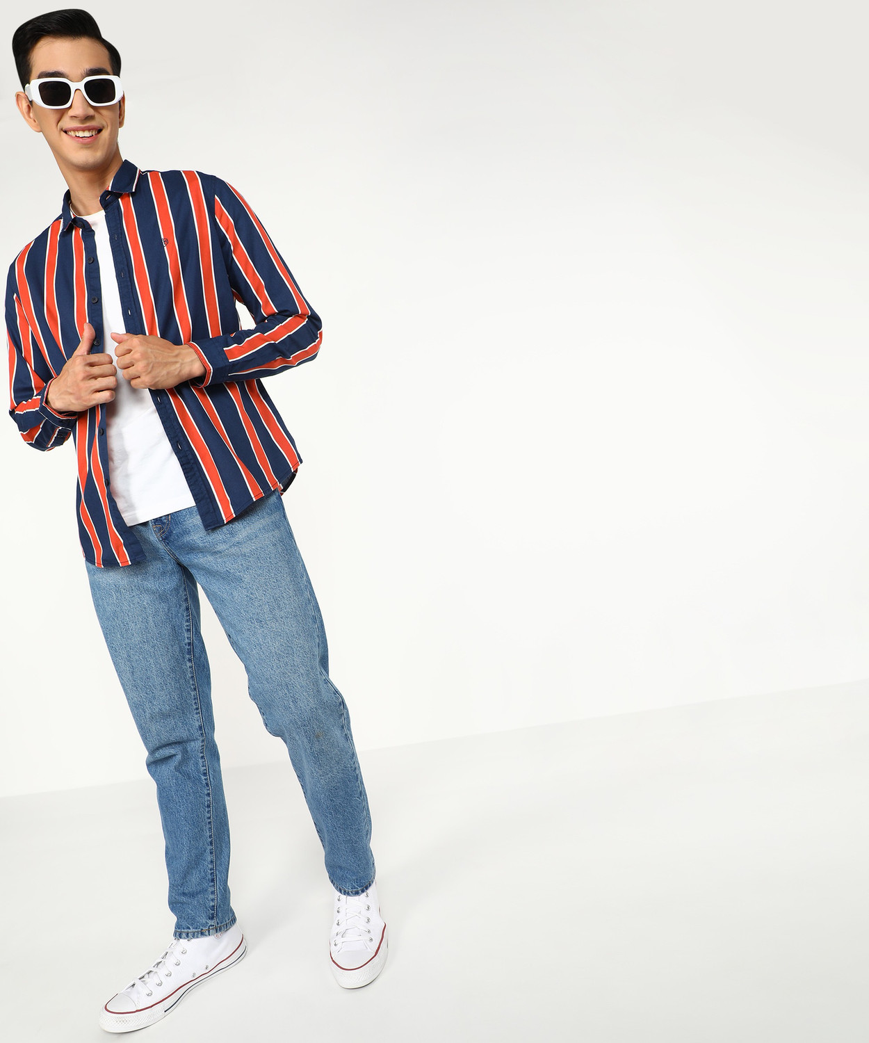 Image of FLYING MACHINE Men Striped Casual Light Blue Shirt
