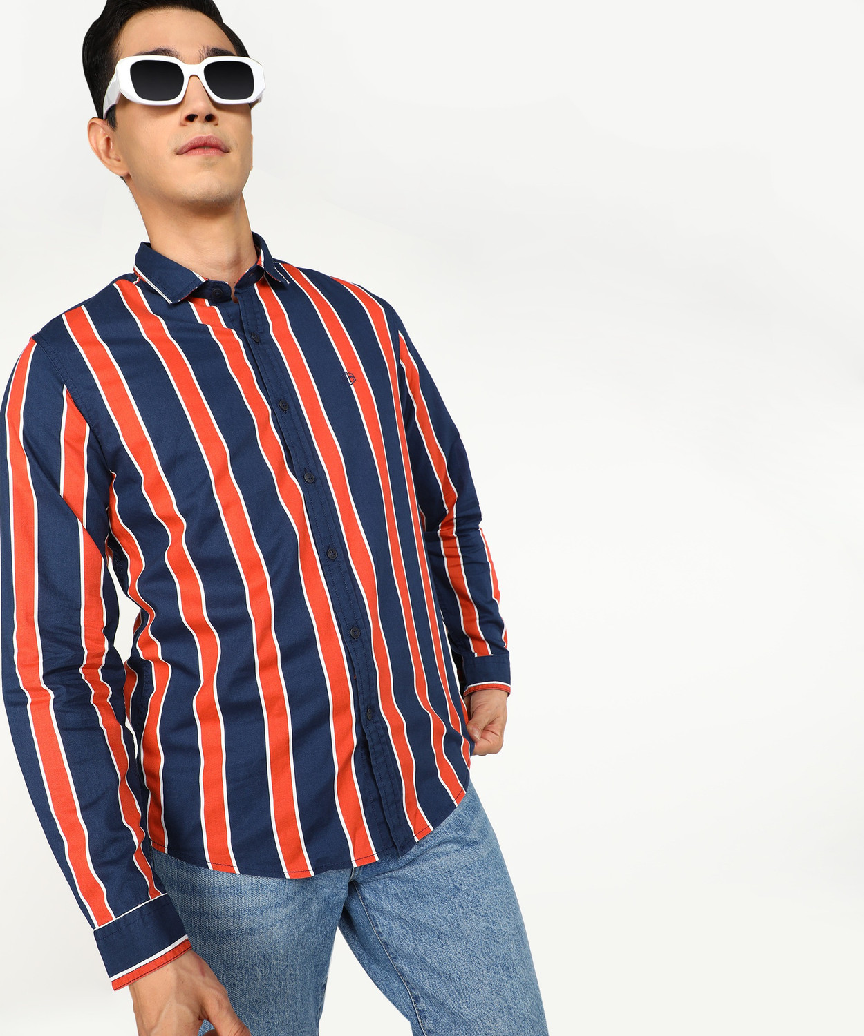Image of FLYING MACHINE Men Striped Casual Light Blue Shirt