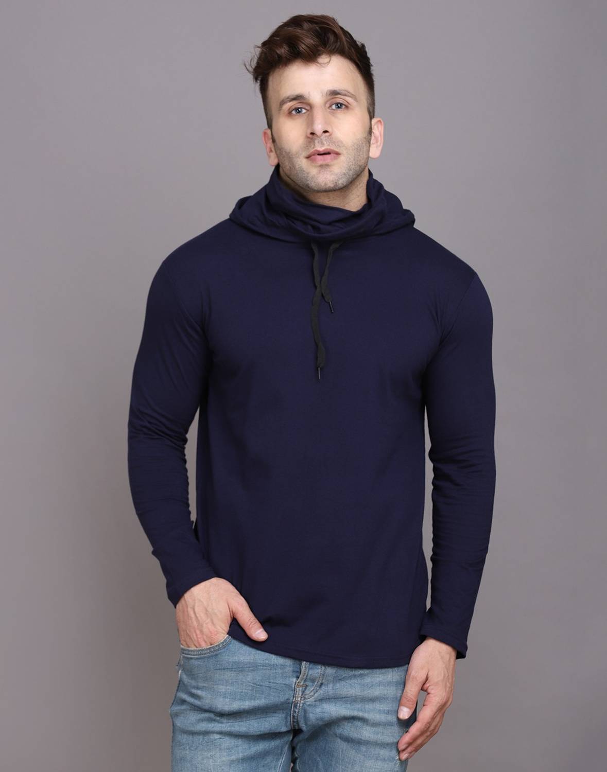 Lawful Casual Solid Men Hooded Neck Dark Blue T-Shirt