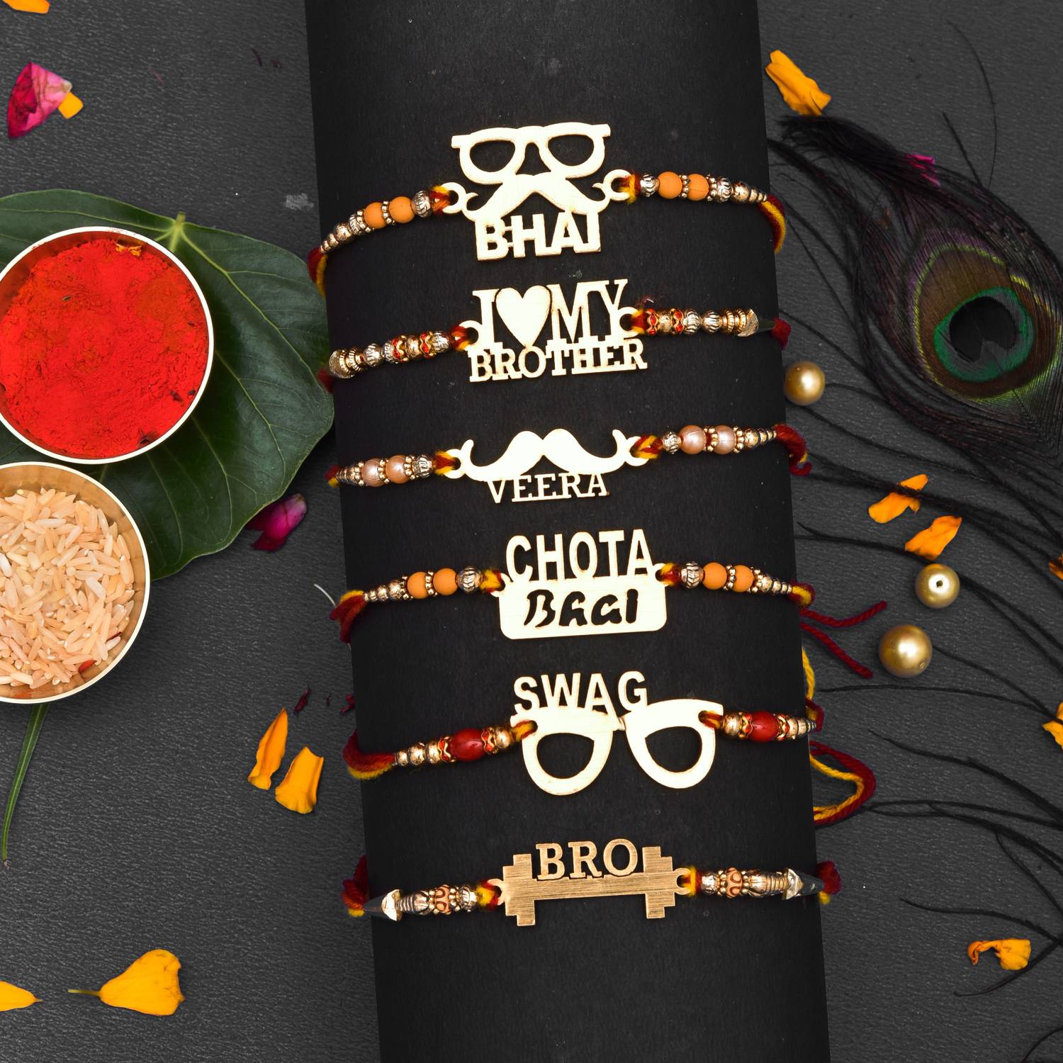 Designer Rakhi Set (6 RAKHI SET, ROLI TILAK) Sandalwood Rakhi by Bond and emotion