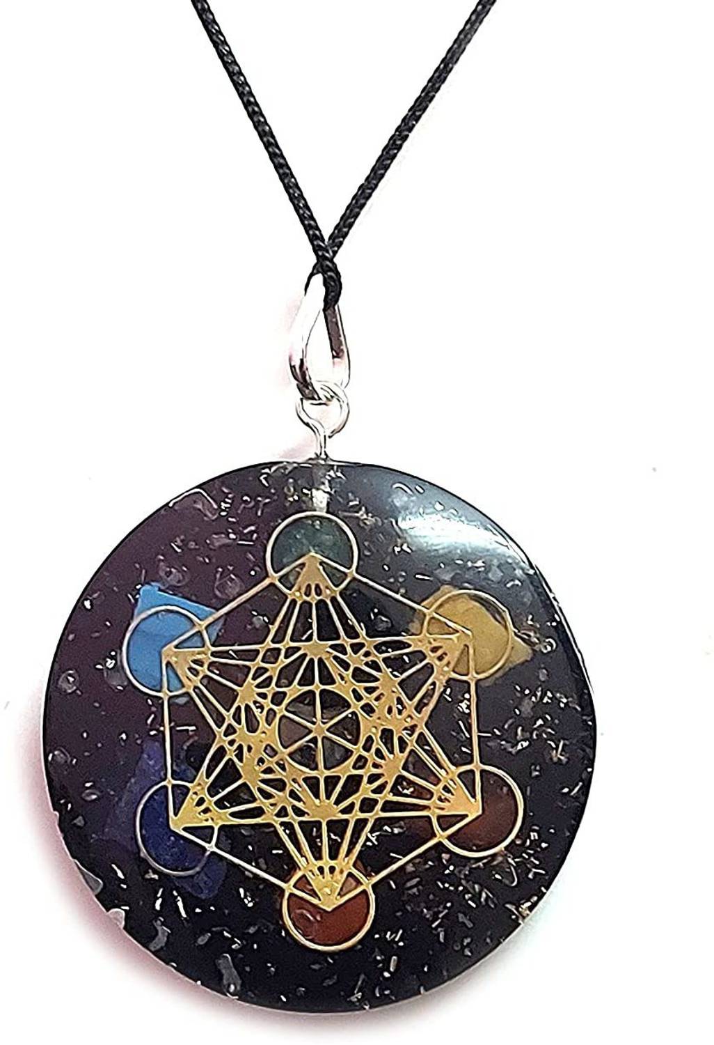 AIR9999 Black Tourmaline And Chakra Crystal Chips Metatron’s Cube Orgone Pendant Tourmaline Resin Pendant