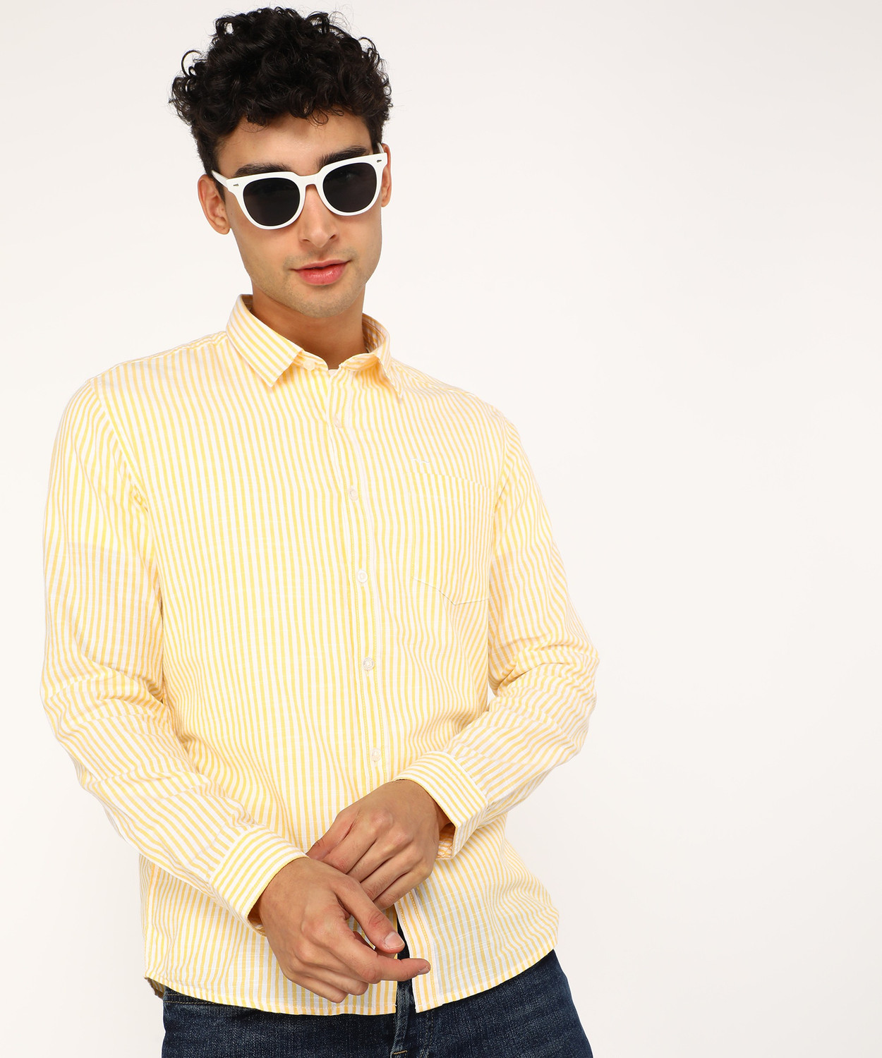 Image of FLYING MACHINE Men Striped Casual Yellow Shirt