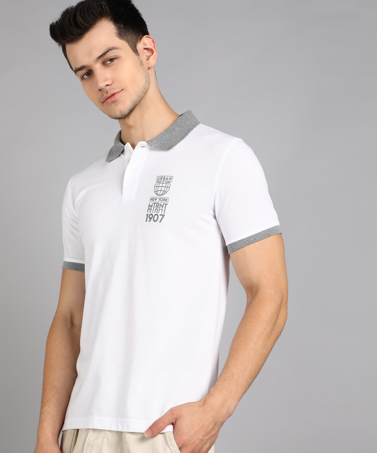 Image of METRONAUT Solid Men Polo Neck White T-Shirt