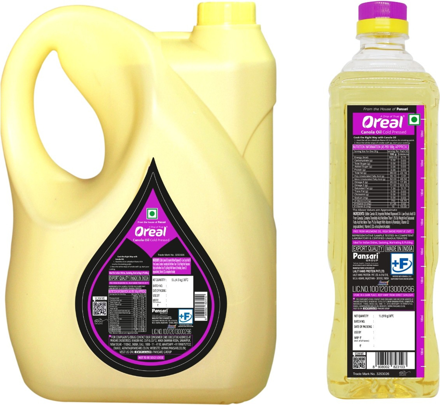 Image of Oreal 100% Pure Canola Rich in Omega 3, Vitamin A & D, Preservative Free Cooking Canola Oil