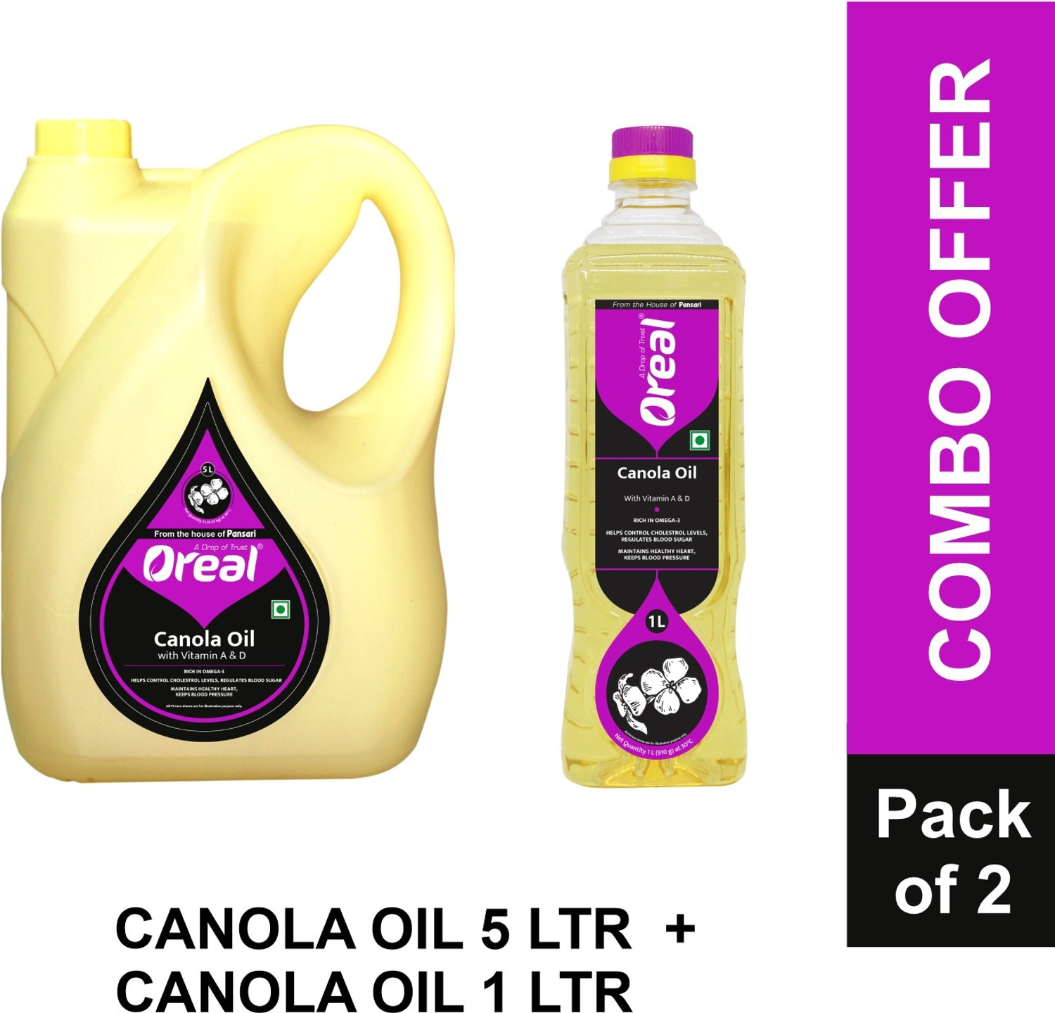 Image of Oreal 100% Pure Canola Rich in Omega 3, Vitamin A & D, Preservative Free Cooking Canola Oil