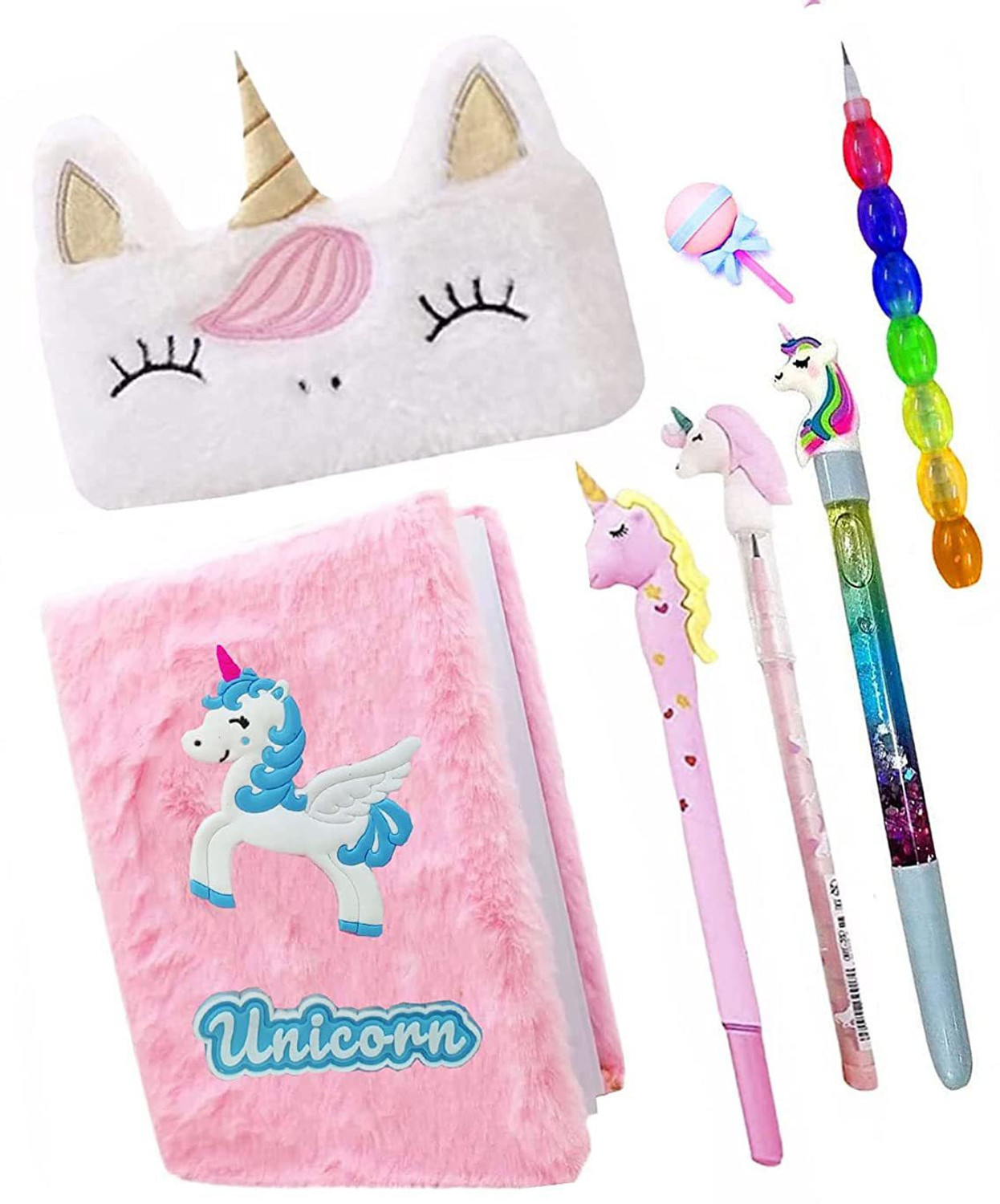 Image of NSR Group 7 Pcs Unicorn Combo - Fur Diary /Fur Pouch /Pen /Pencil /Water Pen /Eraser Gift Set
