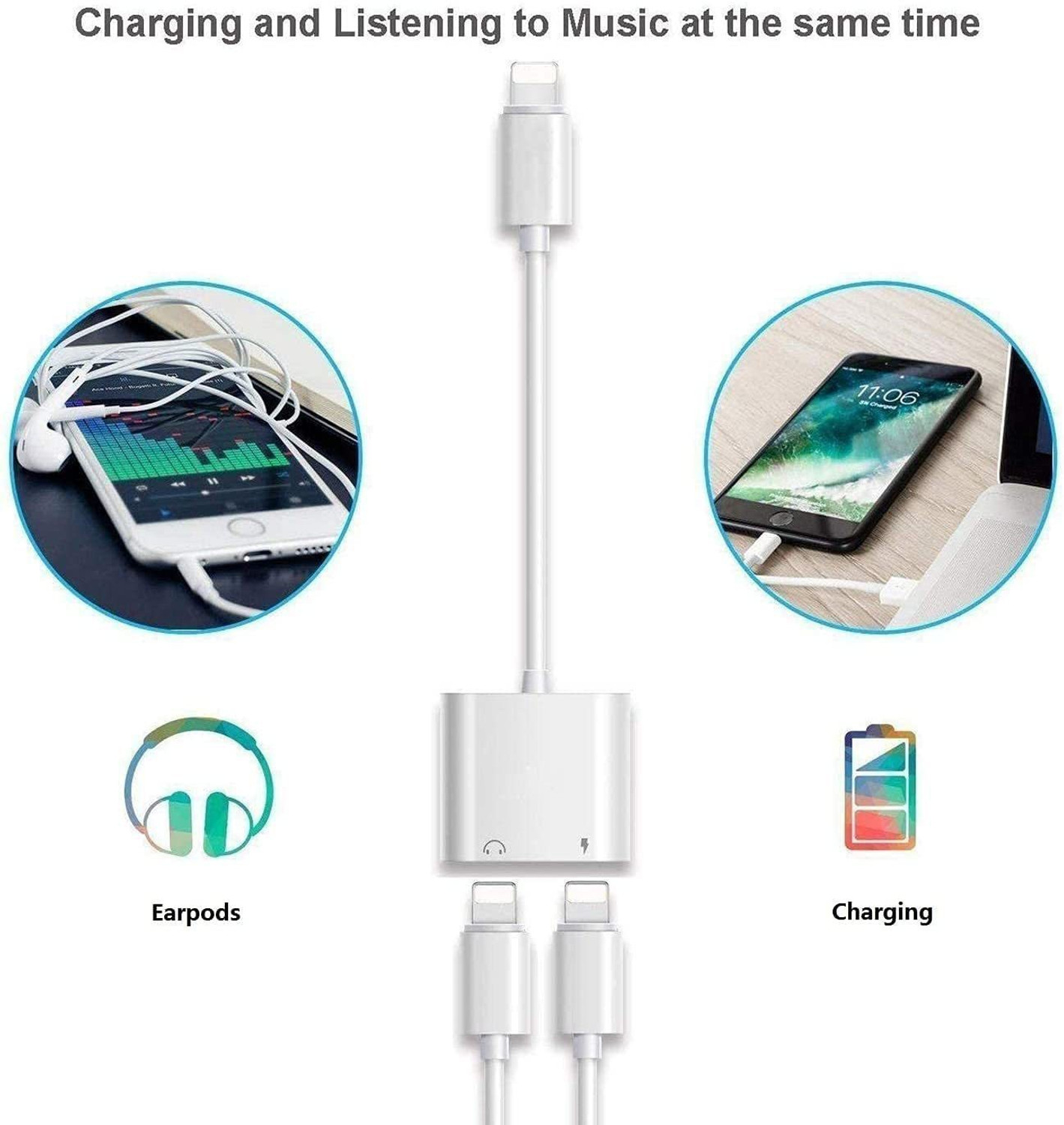 Image of FASTX White 2in1 splitter for iphone splitter for charging and audio headphone jack adapter Phone Converter