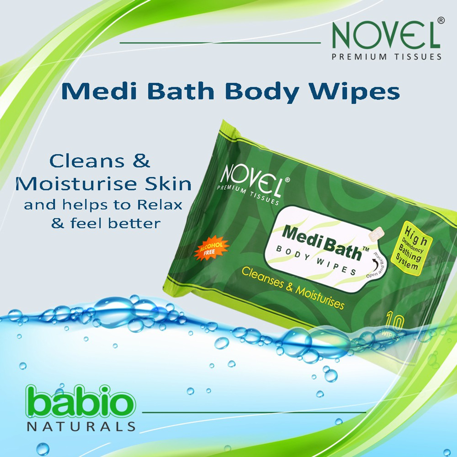 Image of NOVEL Antiseptic Agent and Aqua Glycerine Body Wipes 10 inchs Pack of 2 (Alovera)
