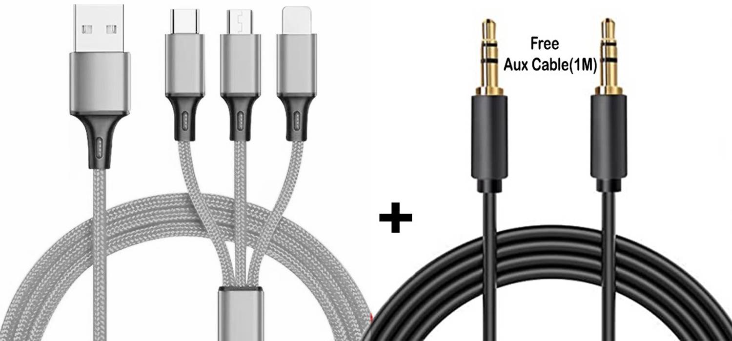 BUFONA Micro USB Cable 1.3 m 3in1 Multiple Pin Charging Cable Multi Charger Cable Fast Charging Pad+Aux Cable