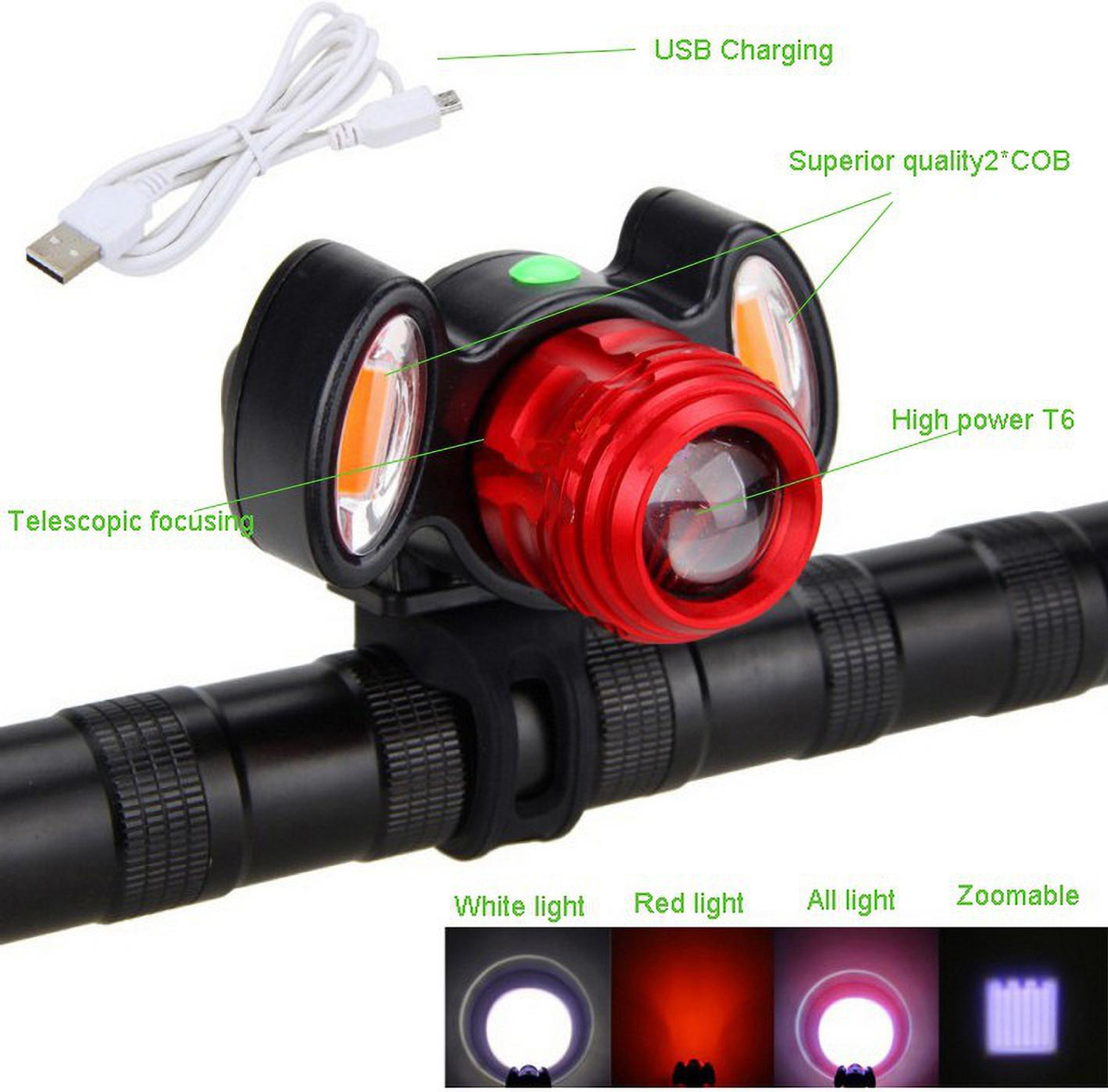 Image of SHIVEXIM Bicycle Zoom-able Feature 4 Mode LED Headlight and LED Tail Light LED Front Rear Light Combo (Multicolor)