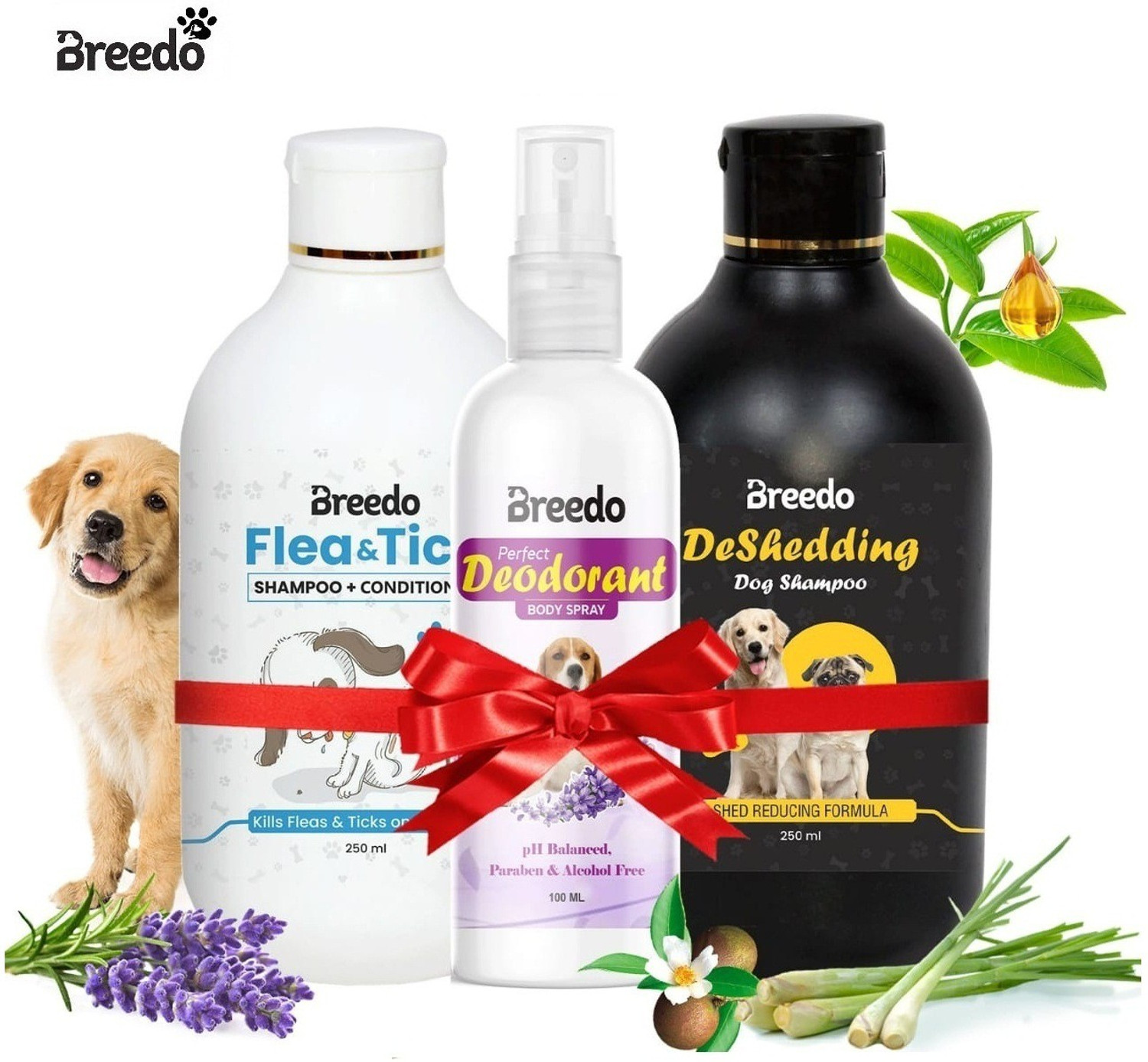 Image of Breedo (Combo of 3) Dog Deshedding Shampoo + Flea-Tick Shampoo + Deodorant Spray Allergy Relief, Conditioning, Anti-fungal, Anti-microbial, Anti-itching, Anti-dandruff Natural Dog Shampoo