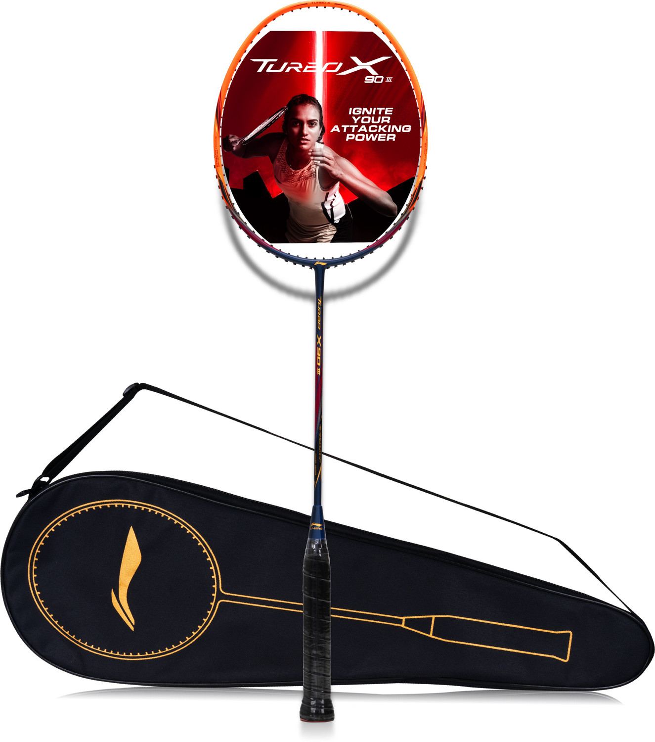 Image of LI-NING Turbo X 90 III Strung Badminton Racket (Navy, Orange) Blue, Orange Strung Badminton Racquet