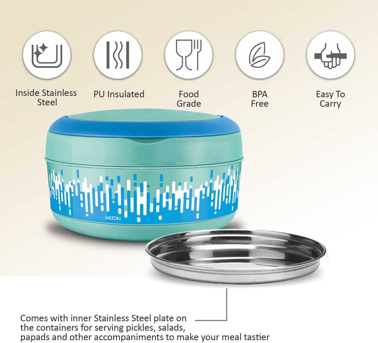 Image of MILTON New Small Bite Insulated Inner Stainless Steel Tiffin Box, 590 ml, Aqua Green 1 Containers Stainless Steel, Plastic Office Lunch Box