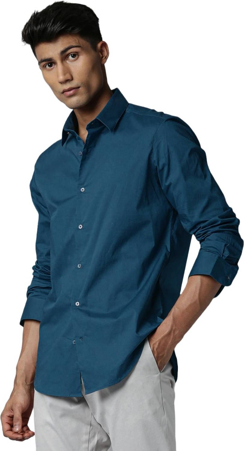 AmericanGolf Men Solid Formal Dark Blue Shirt