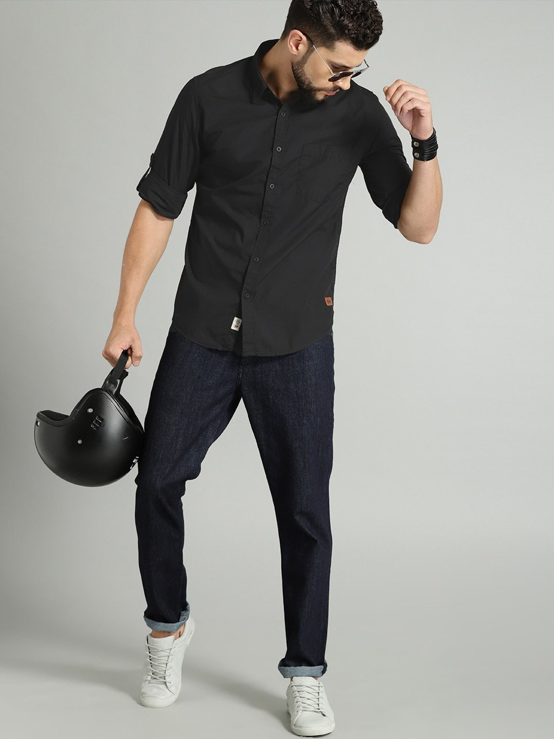 Image of Roadster Men Solid Casual Black Shirt