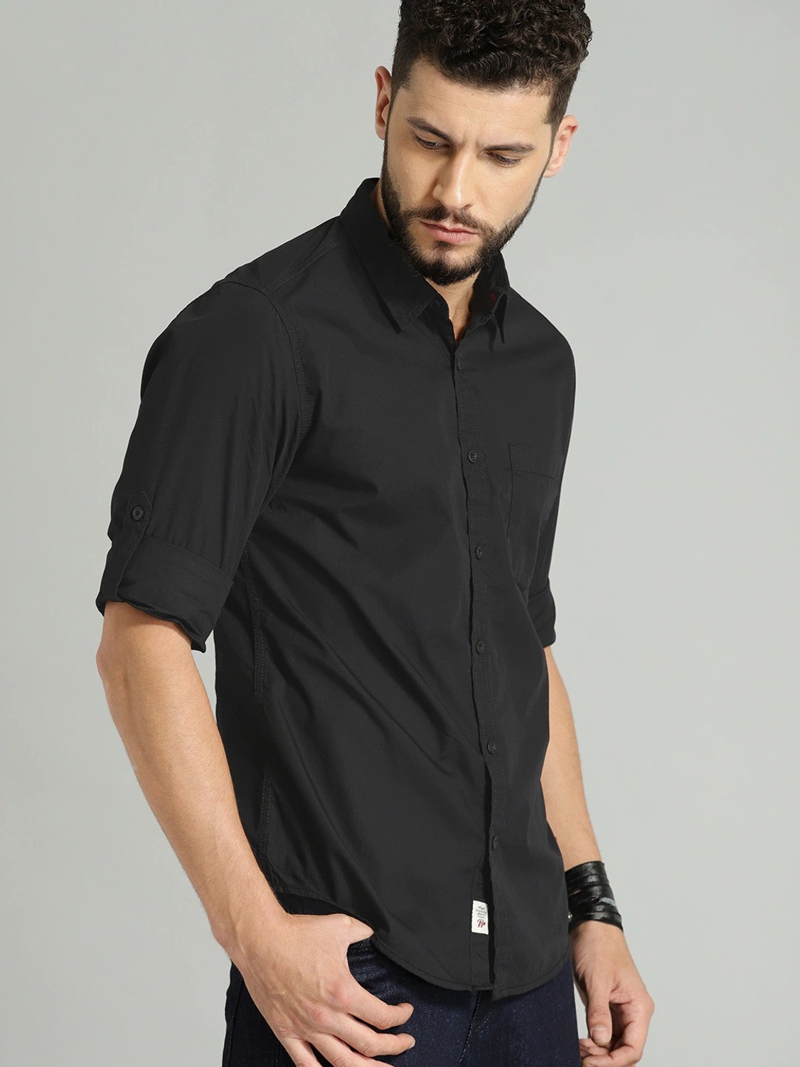 Image of Roadster Men Solid Casual Black Shirt