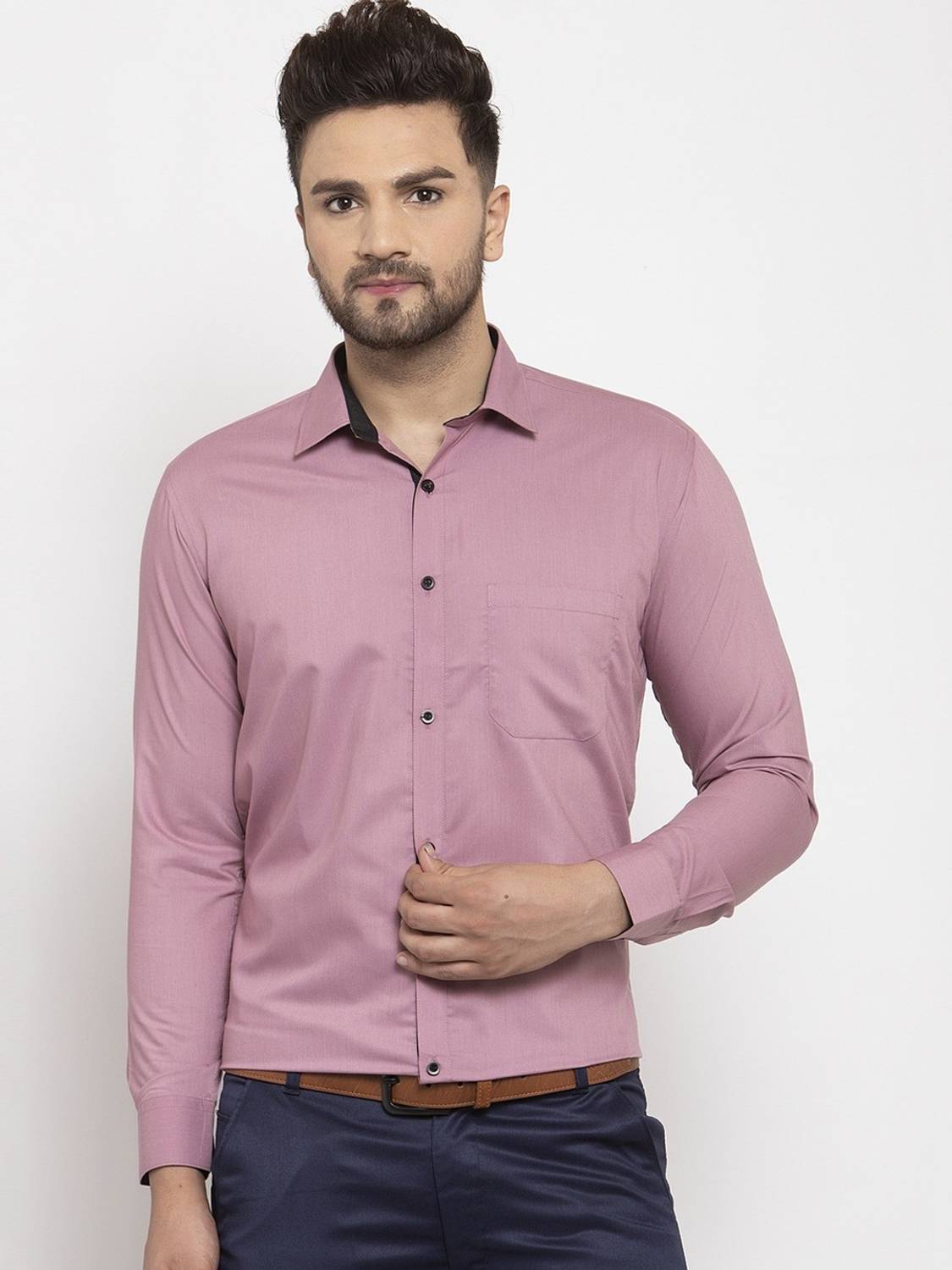 AmericanGolf Men Solid Formal Pink Shirt