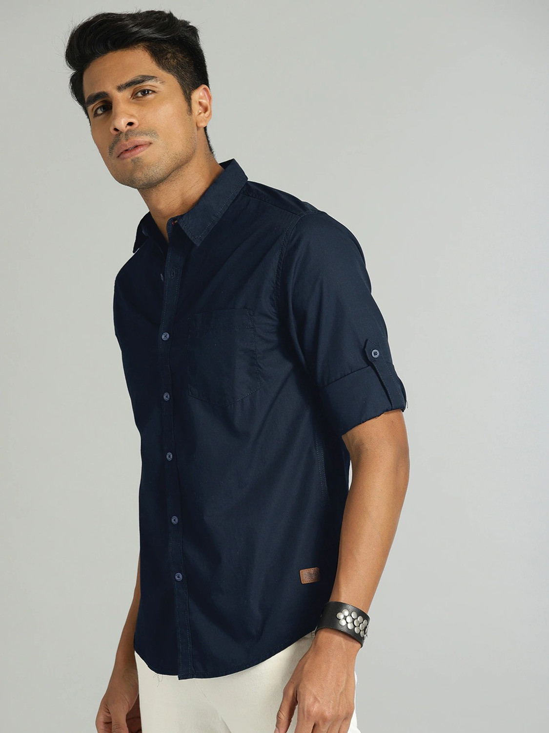 Image of Roadster Men Solid Casual Blue Shirt