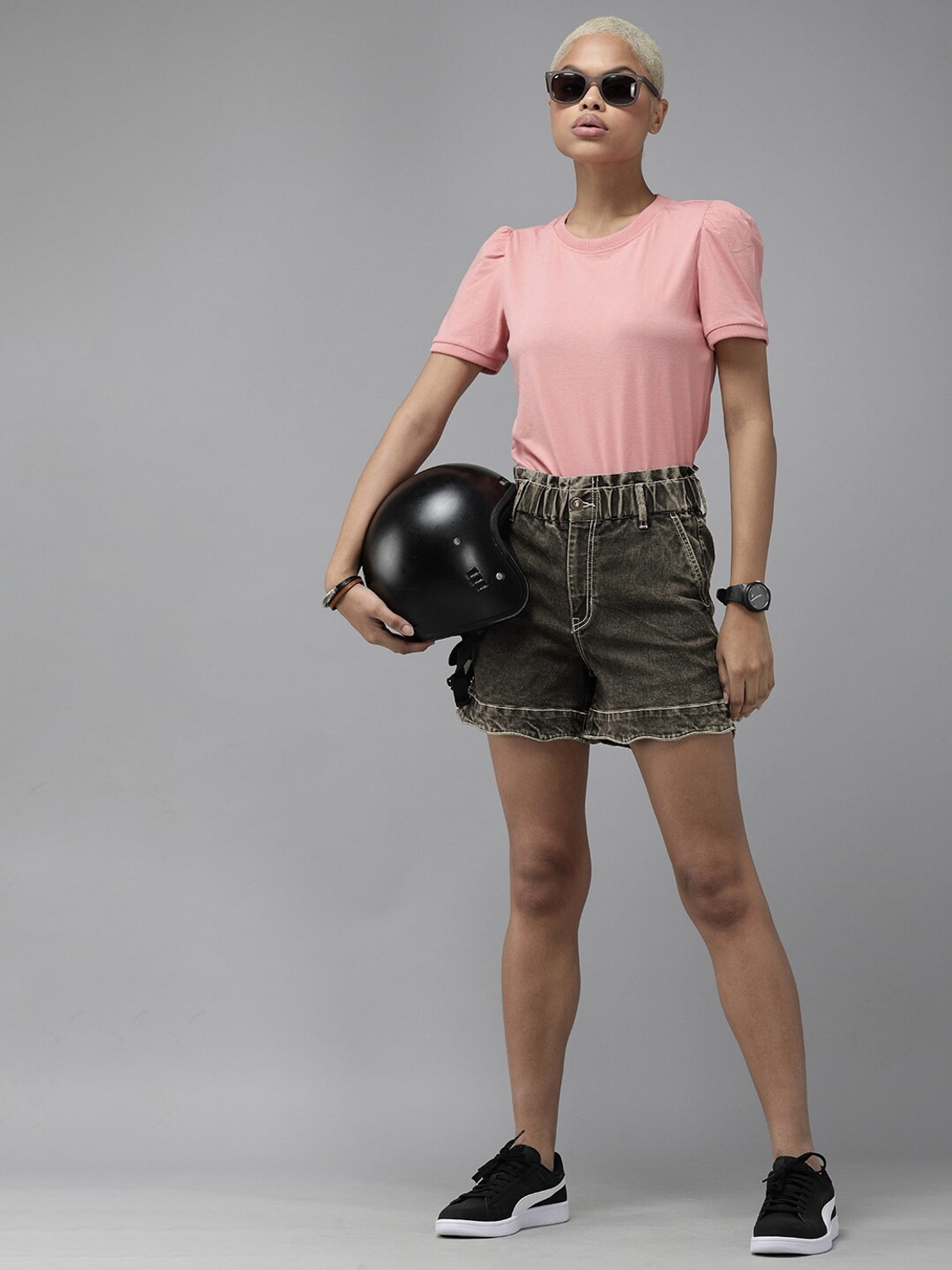 Image of Roadster Solid Women Grey Denim Shorts