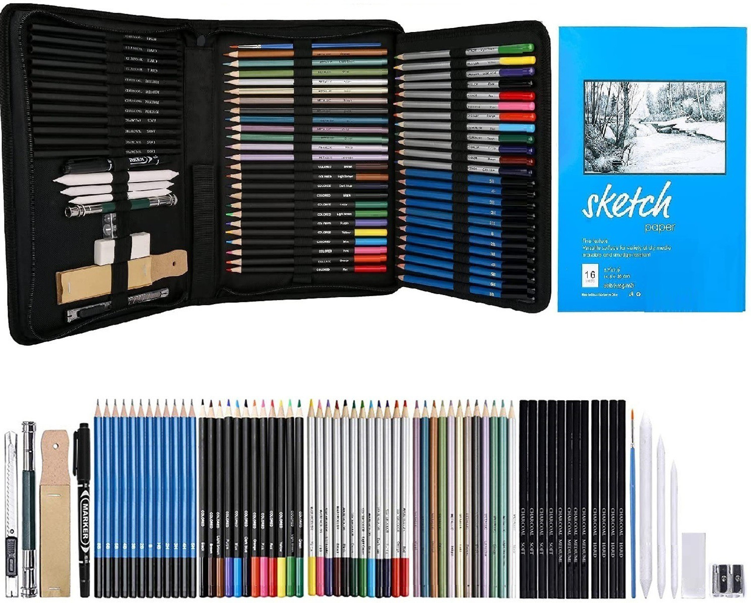 Image of Corslet Professional 71 Art Graphite Water Colour Pencils Set Sketch Book Charcoal Metallic Watercolor Pencil Sketching Kit for Artist Kit with Case Beginners Painting Kit Coloring Set Drawing Kit