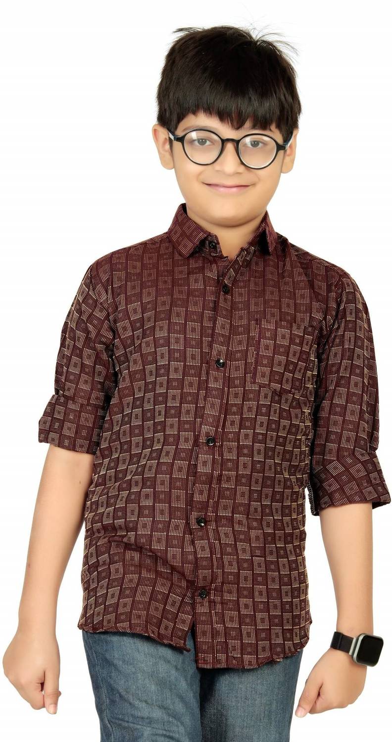 4JSTAR Boys Printed Casual Maroon, Beige Shirt
