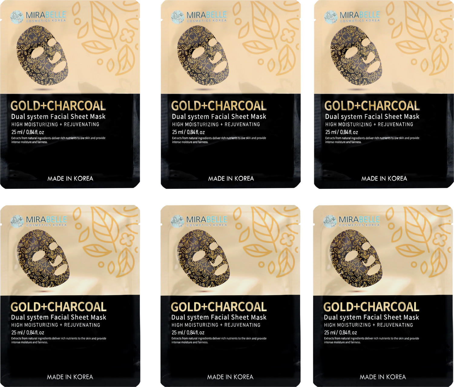 MIRABELLE COSMETICS KOREA Gold Charcoal Facial Sheet Mask ( Pack of 6 )