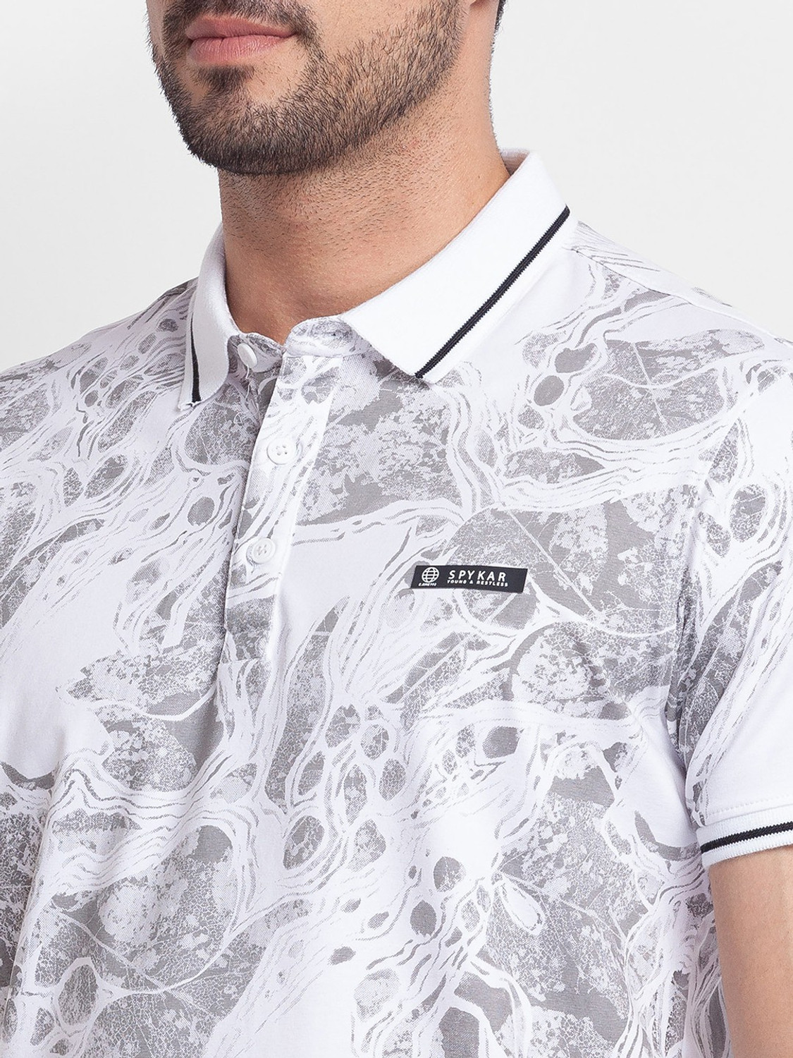 Image of Spykar Printed Men Polo Neck White T-Shirt