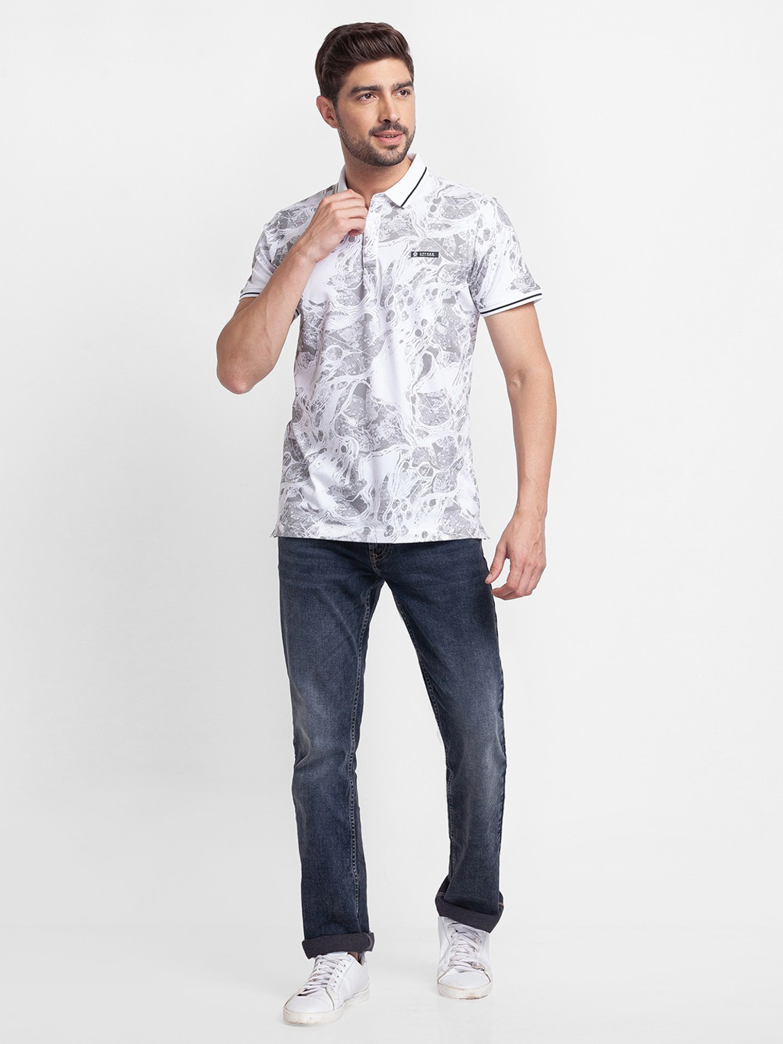 Image of Spykar Printed Men Polo Neck White T-Shirt