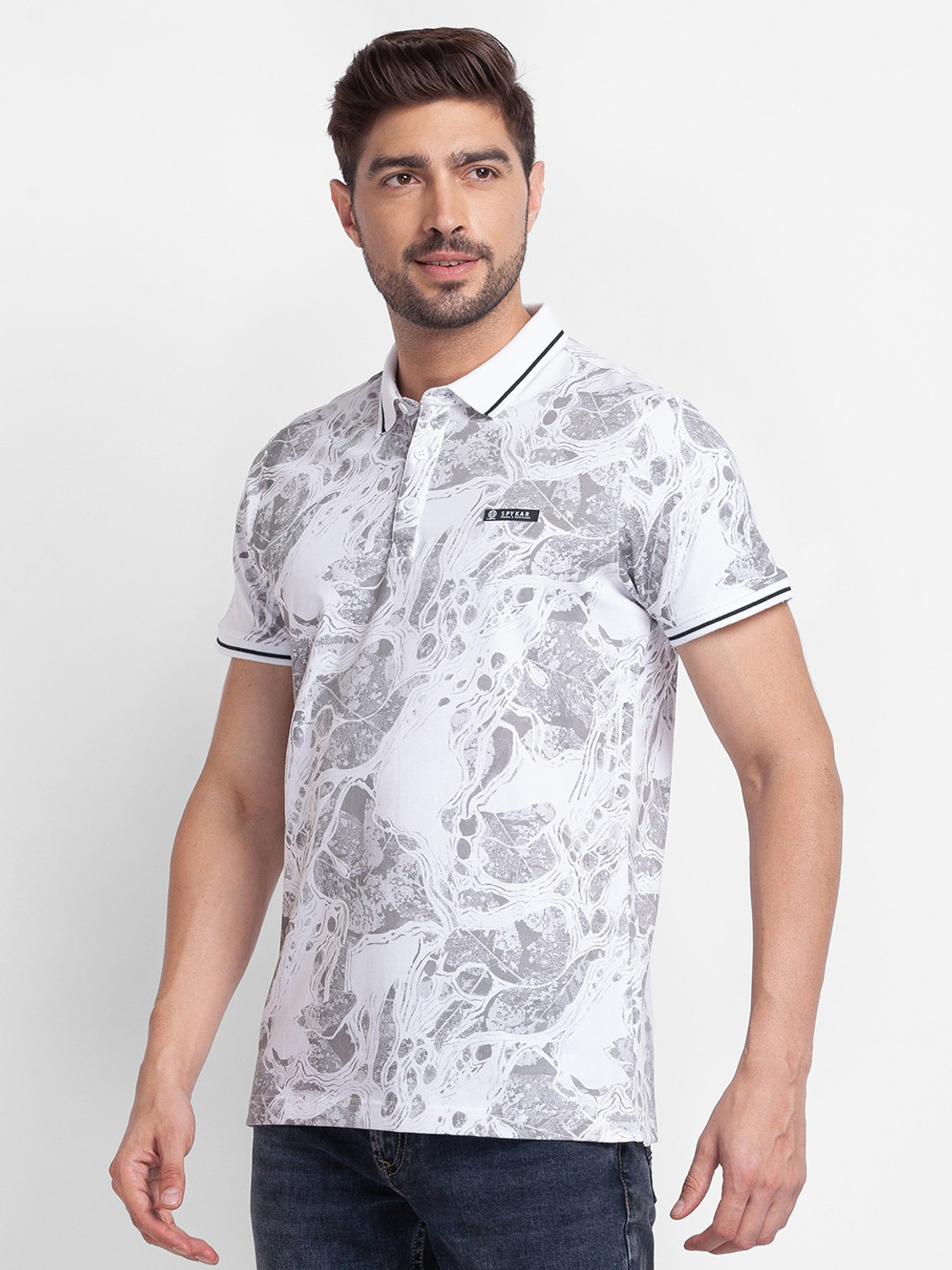 Image of Spykar Printed Men Polo Neck White T-Shirt