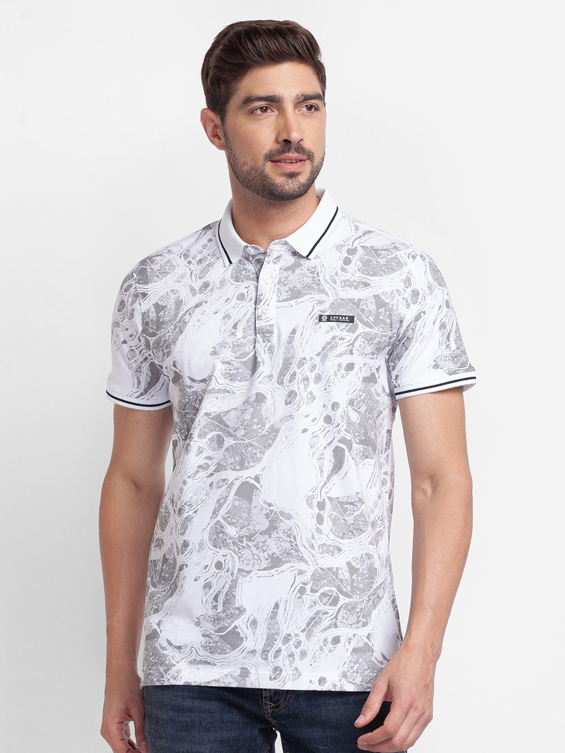 Image of Spykar Printed Men Polo Neck White T-Shirt