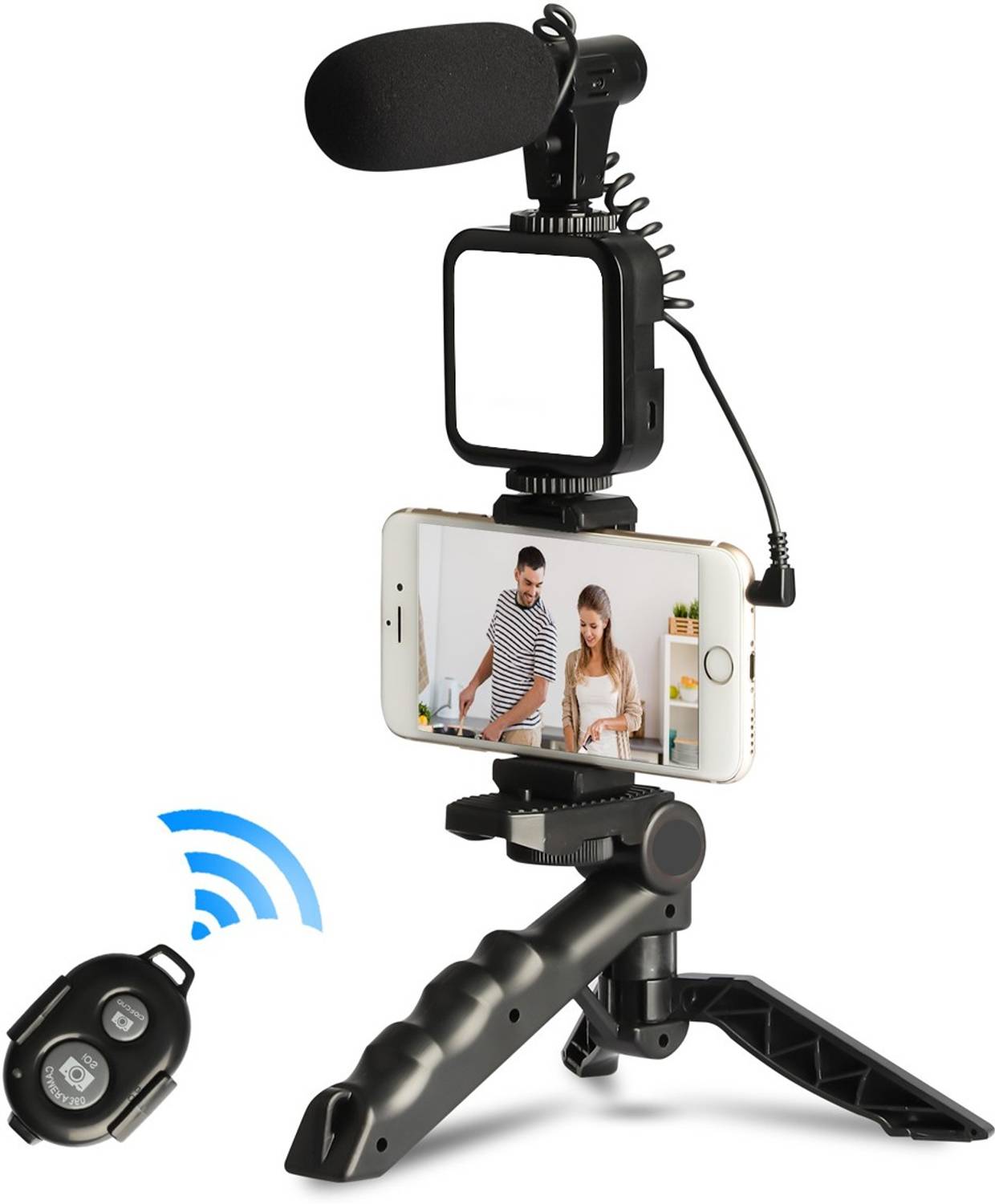 Vlogging kit components including a microphone, LED light, and a folded tripod